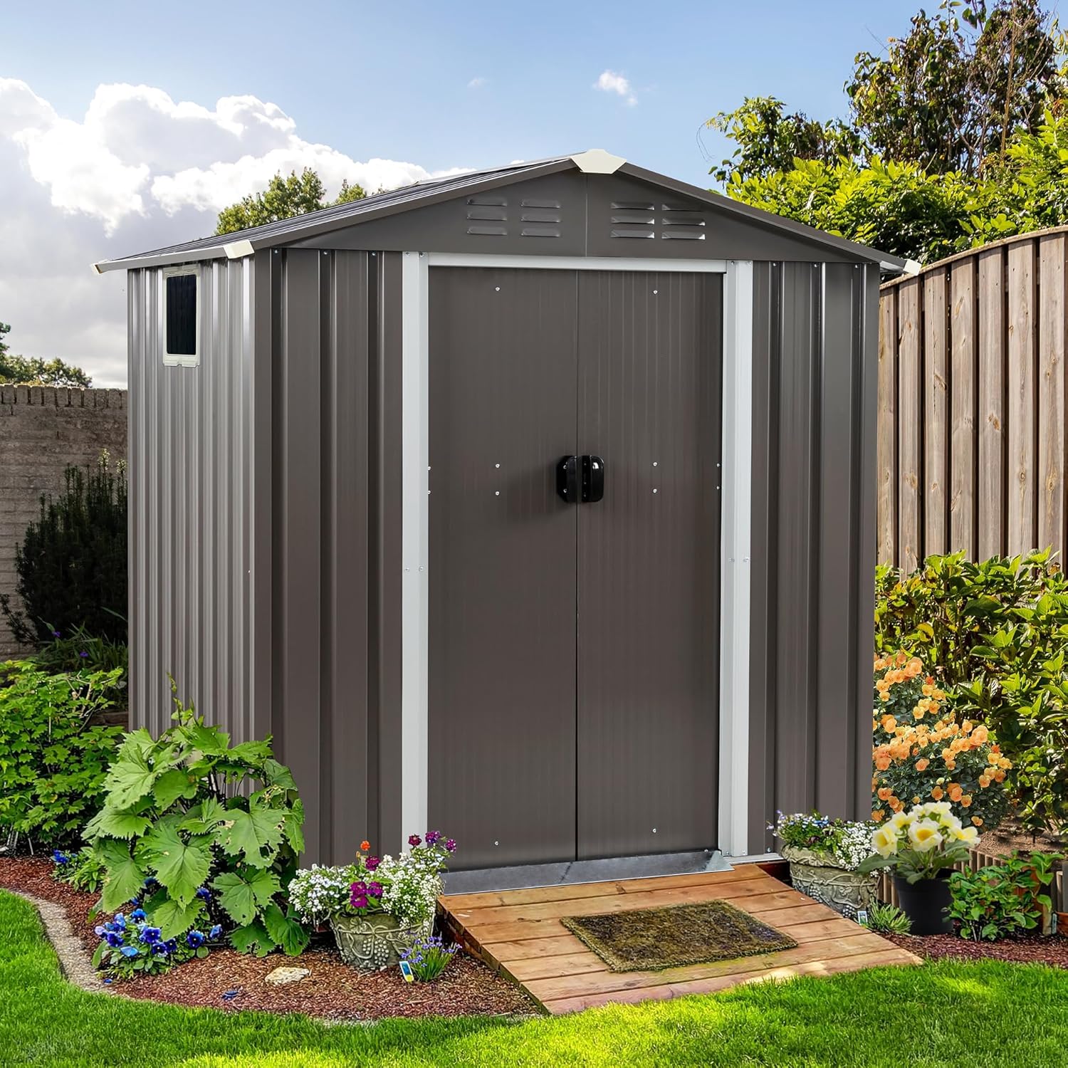 Shintenchi 6x4 FT Outdoor Storage Shed with Window, Lockable Outdoor Waterproof Tool Storage Sheds, Weather Resistant Tool Storage House Shed for Garden, Backyard, Patio Utility and Tool Storage, Gray