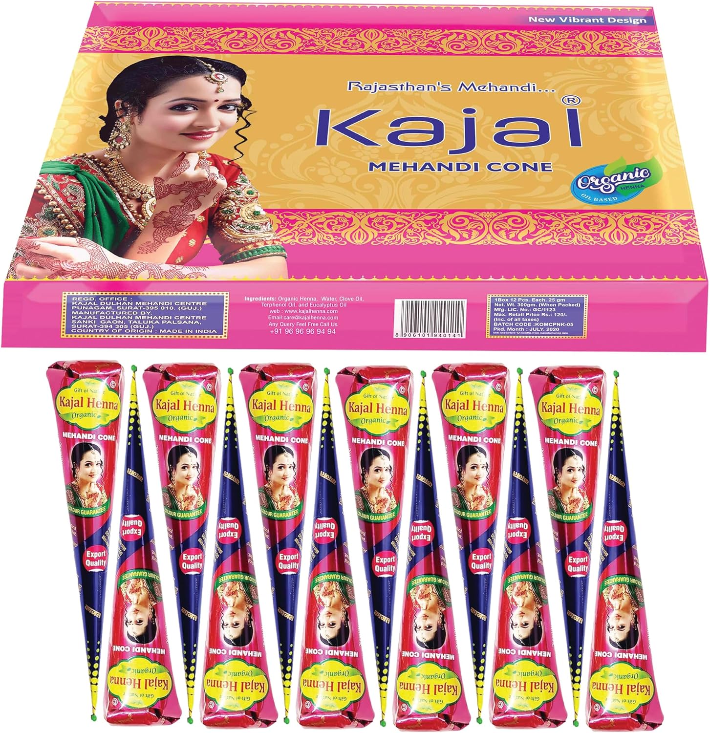 Kajal Brown Natural Organic Chemical Free Mehndi Henna Cones for Hand Design on Festivals & Special Occasions Tattoo Cones (Pack of 12)