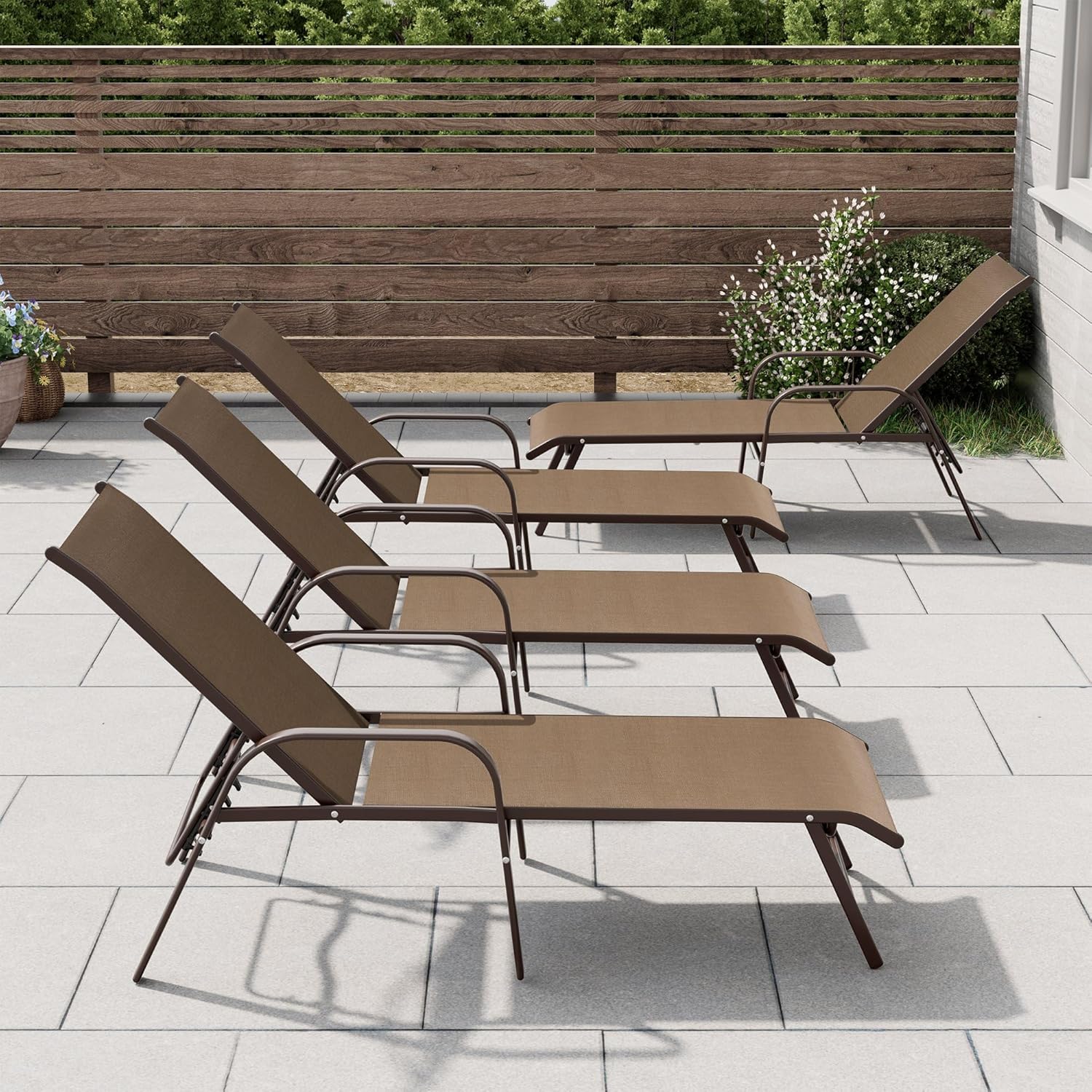 Crestlive Products Chaise Lounge Chair Outdoor with Armrests, Pool Lounge Chairs Set of 4, Aluminum Adjustable 5 Positions Sun Tanning Lounger for Patio, Poolside, Yard, Deck, Backyard (Brown)