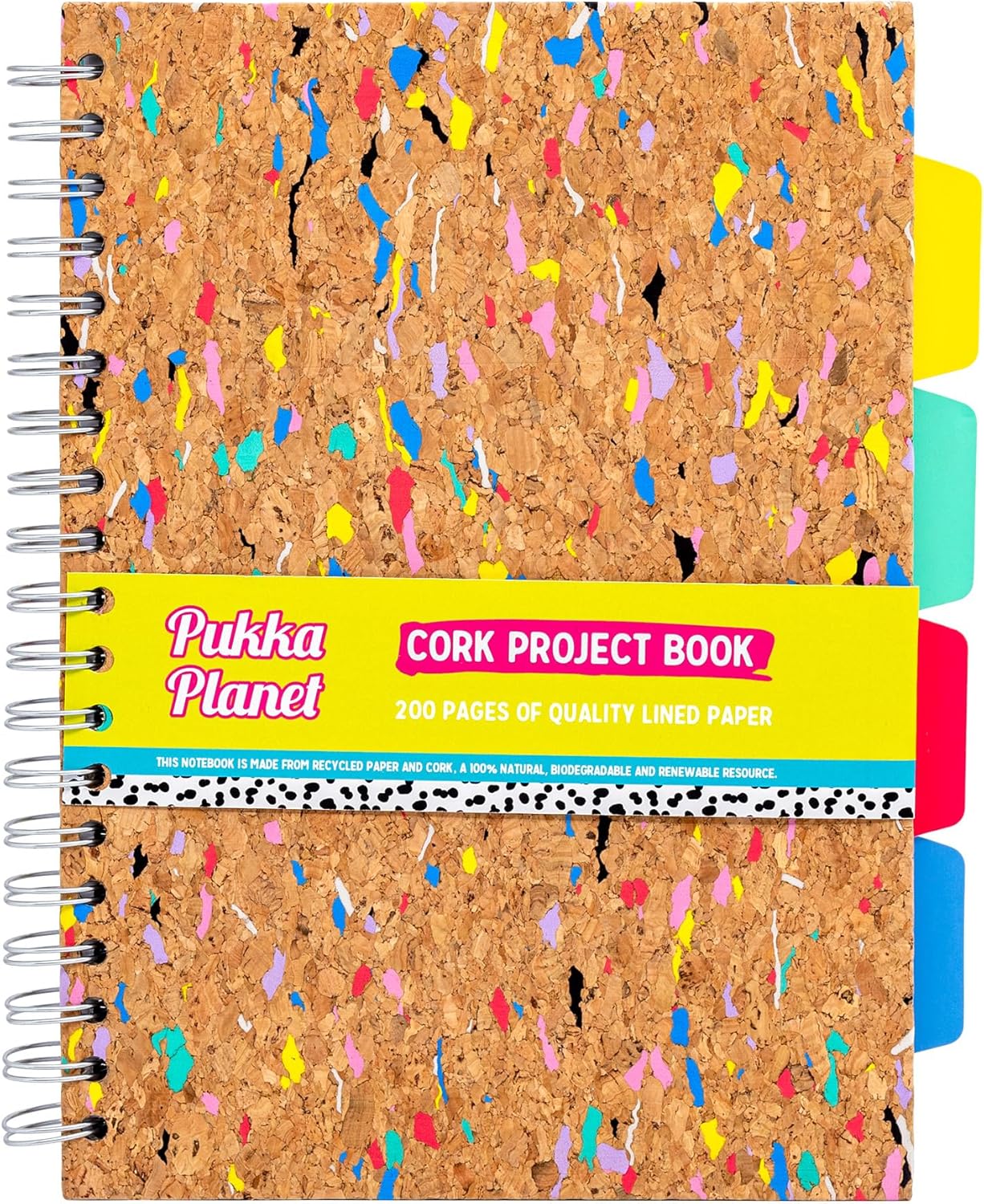 Pukka Pad, Pukka Planet Cork B5 Multi-Subject Notebook – Wire Bound Project Book with 200 Pages, 100 Sheets of FSC Recycled 8mm Lined Paper & Tabbed Dividers for Home, School, & Office, 10.12 x 7.3in