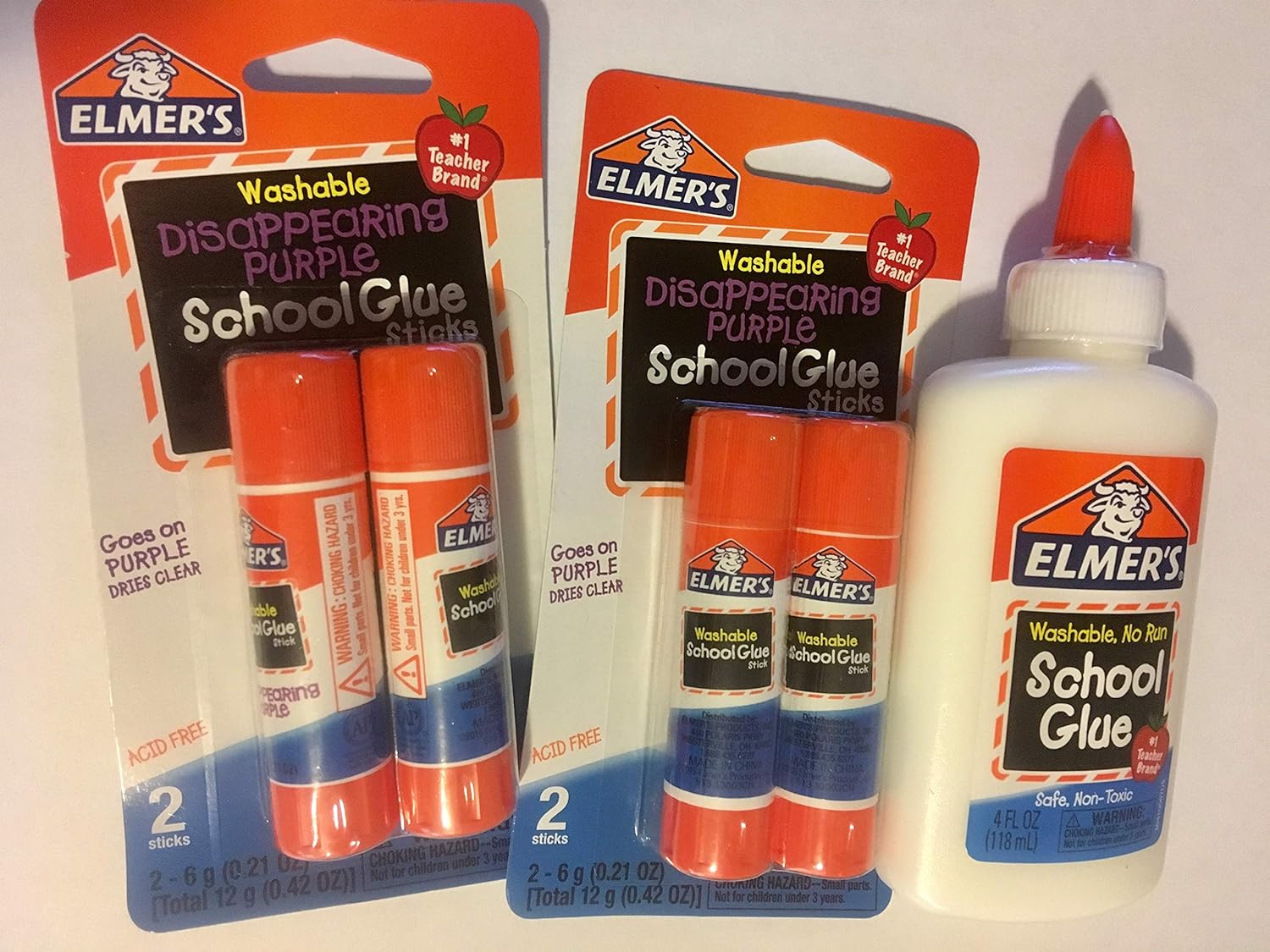 Elmer's Bundle Washable Liquid School Glue, White, Dries Clear, 4 fl oz Plus Disappearing Purple Elmer's School Glue Stick, 6g, 4pk