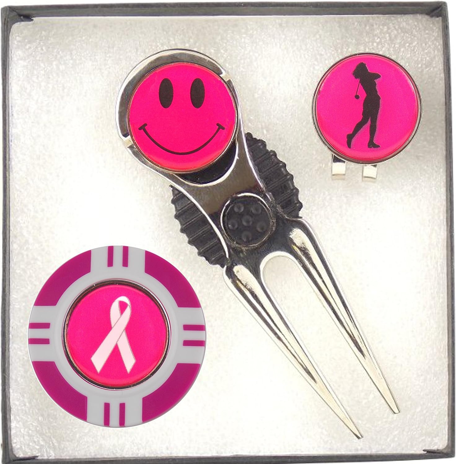 Mercia Golf's Ladies Tri- Marker Gift Set Includes Stainless Steal Divot Tool/Pitch Repairer, Hat Clip, Poker Chip and 3 Removable Ball Markers Smiley Face, Lady Golfer, White Ribbon, All In A Choice of 6 colours.
