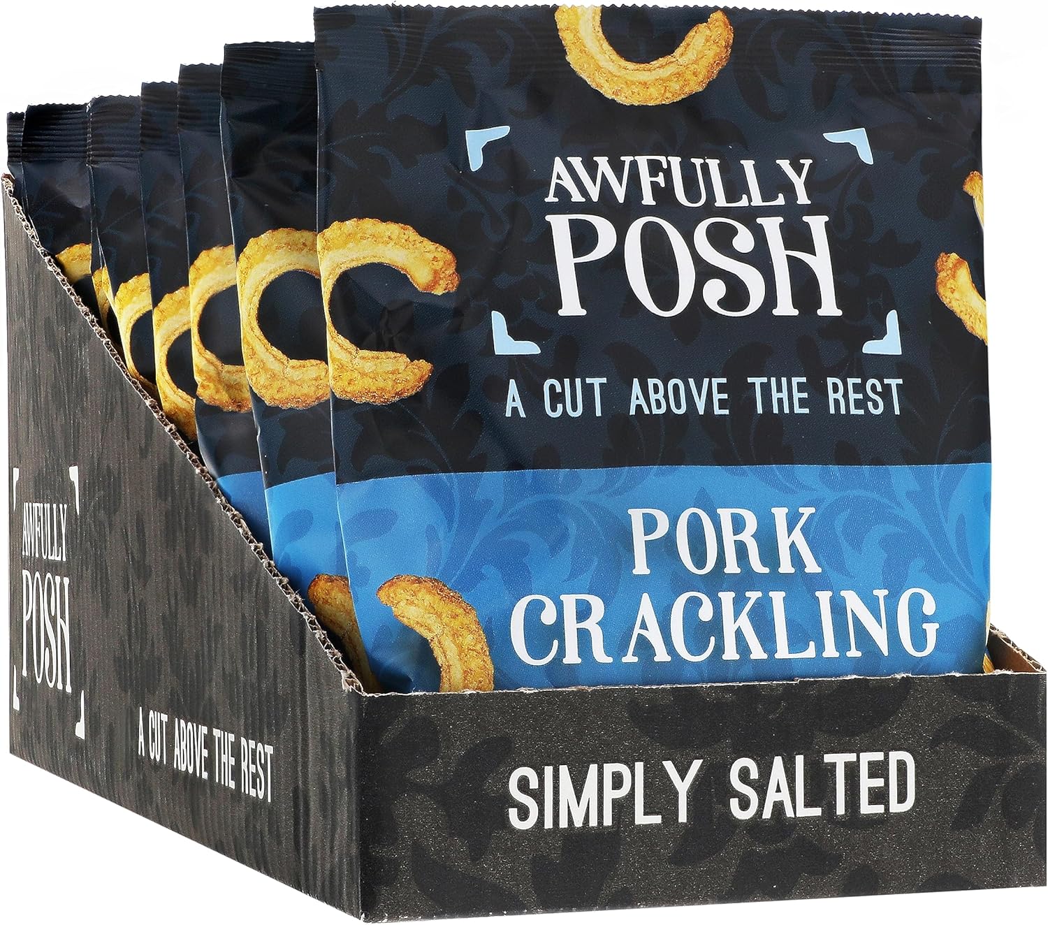 Awfully Posh Pork Crackling (10x40G) | Simply Salted Delightful Pork Crackling Snack | Made Using Prime Cuts, No Nasties | A Bag of Perfectly Even Strips of Meaty Goodness | A Cut Above the Rest!