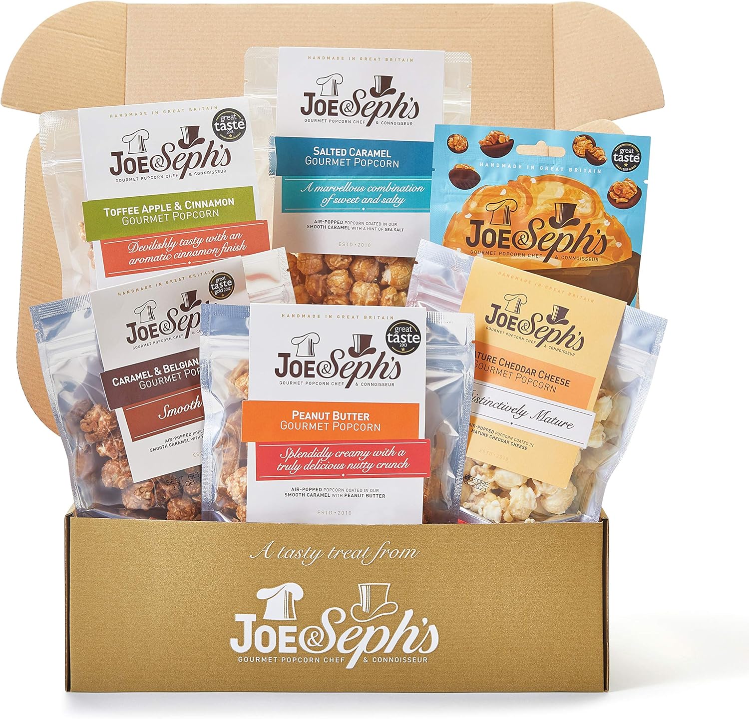 Joe & Sephs Movie Night In Box (1x500g) | Chocolate Bites and Gourmet Popcorn, 7 flavours, movie night snacks, gifts for men and women, air-popped, sweet and salty flavours