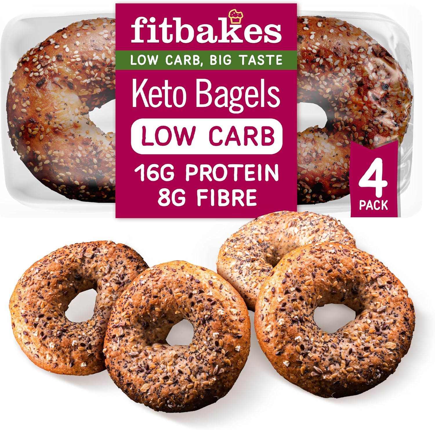Fit Bakes Keto Bagels, 16g Protein, Low Carb Bread, 8g Fibre (4 Protein Bagels) Multi Seeded Bread Keto Snacks Diabetic Food Protein Snacks Low Calorie, With Flaxseed, Sesame Seeds Sunflower Fitbakes