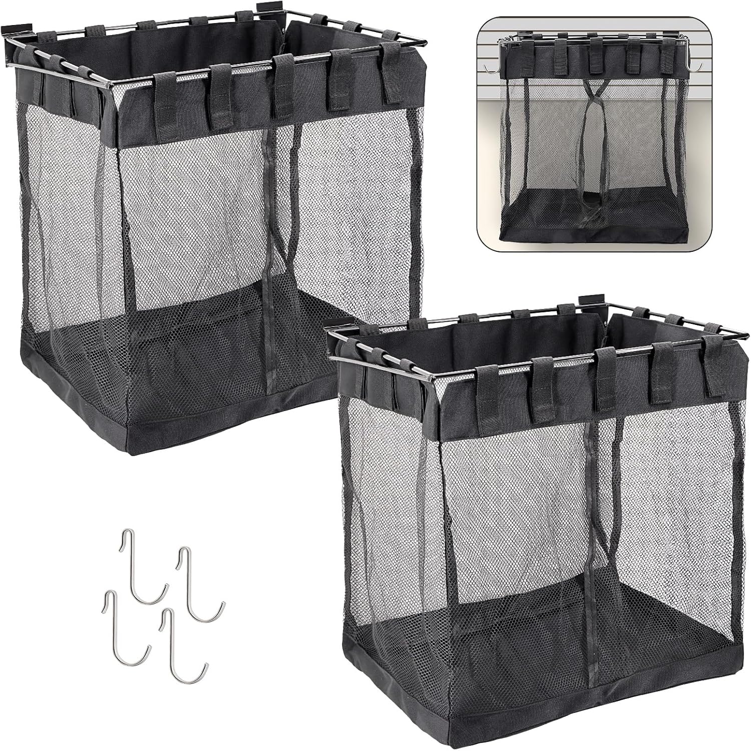 2 Packs Large Mesh Slatwall Baskets, 16x16x12 Inch Slat Wall Mesh Baskets with 4 Hooks, 13.3 Gallon Mounted Hanging Slatwall Baskets with Zipper for Shop Garage Gym Display Storage Panel Accessories