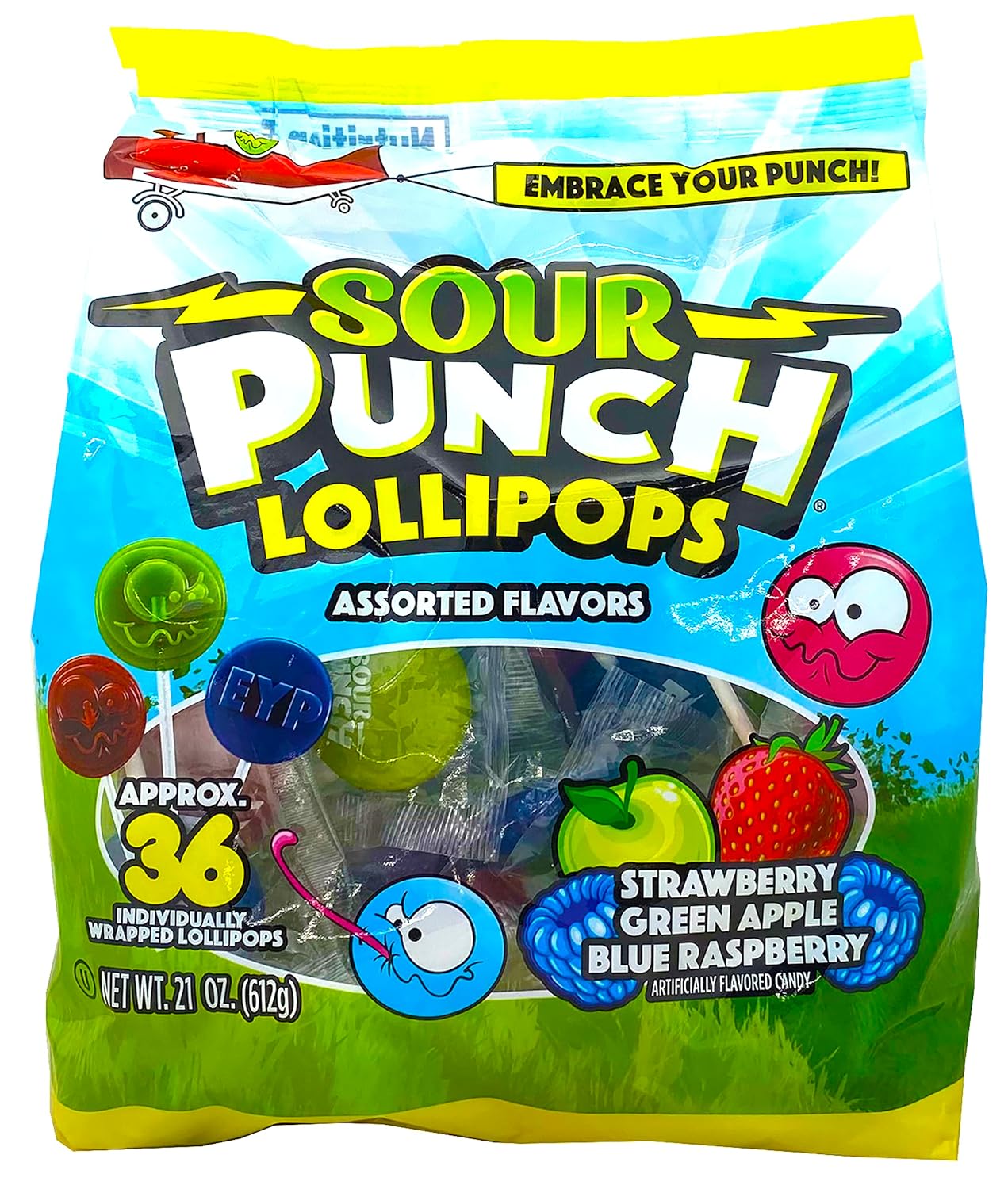 Adams & Brooks, Inc. Sour Punch Lollipops Sour Fruit Flavors Strawberry, Green Apple, Blue Raspberry Sour Lollipops, Sour Punch Pops Individually Wrapped 36 Count