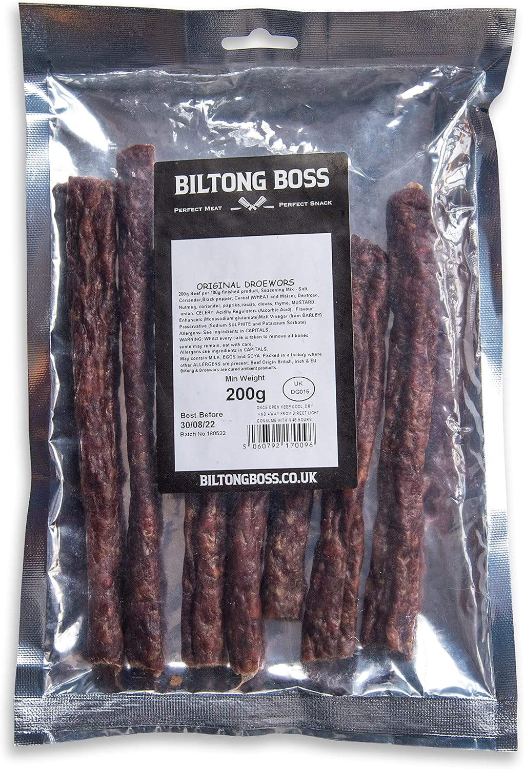 Biltong Boss Original Beef Droewors, Authentic Traditional Recipe, Ready To Eat High Protein Flavoured Meat Snack, Suitable For Paleo, Keto, Atkins Diets & Post-Workout, Low Sugar & Carbohydrate, 200g