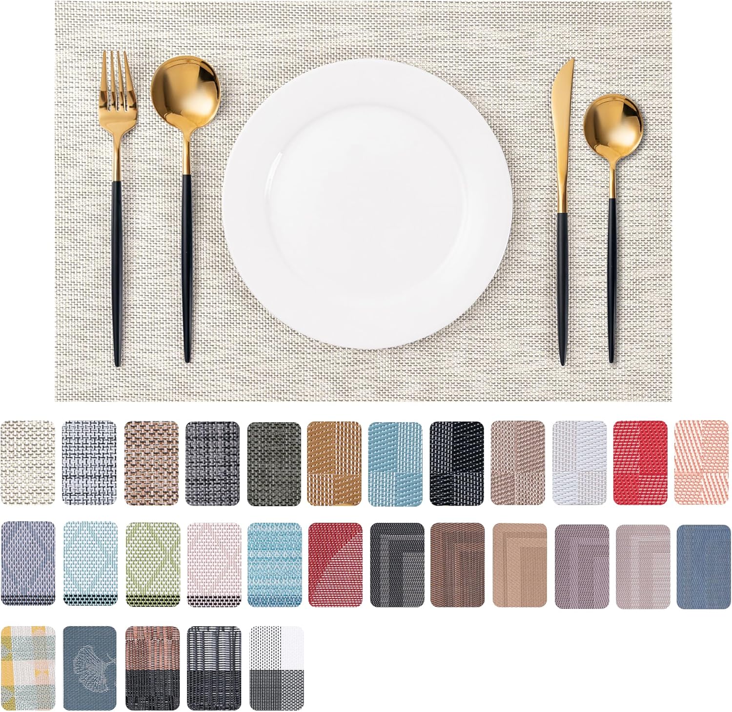 CADONO Placemats Set of 4 Washable Indoor/Outdoor Vinyl Place Mats for Dining Table Durable Non-Slip Heat Resistant PVC Weave Table Mats（Beige）