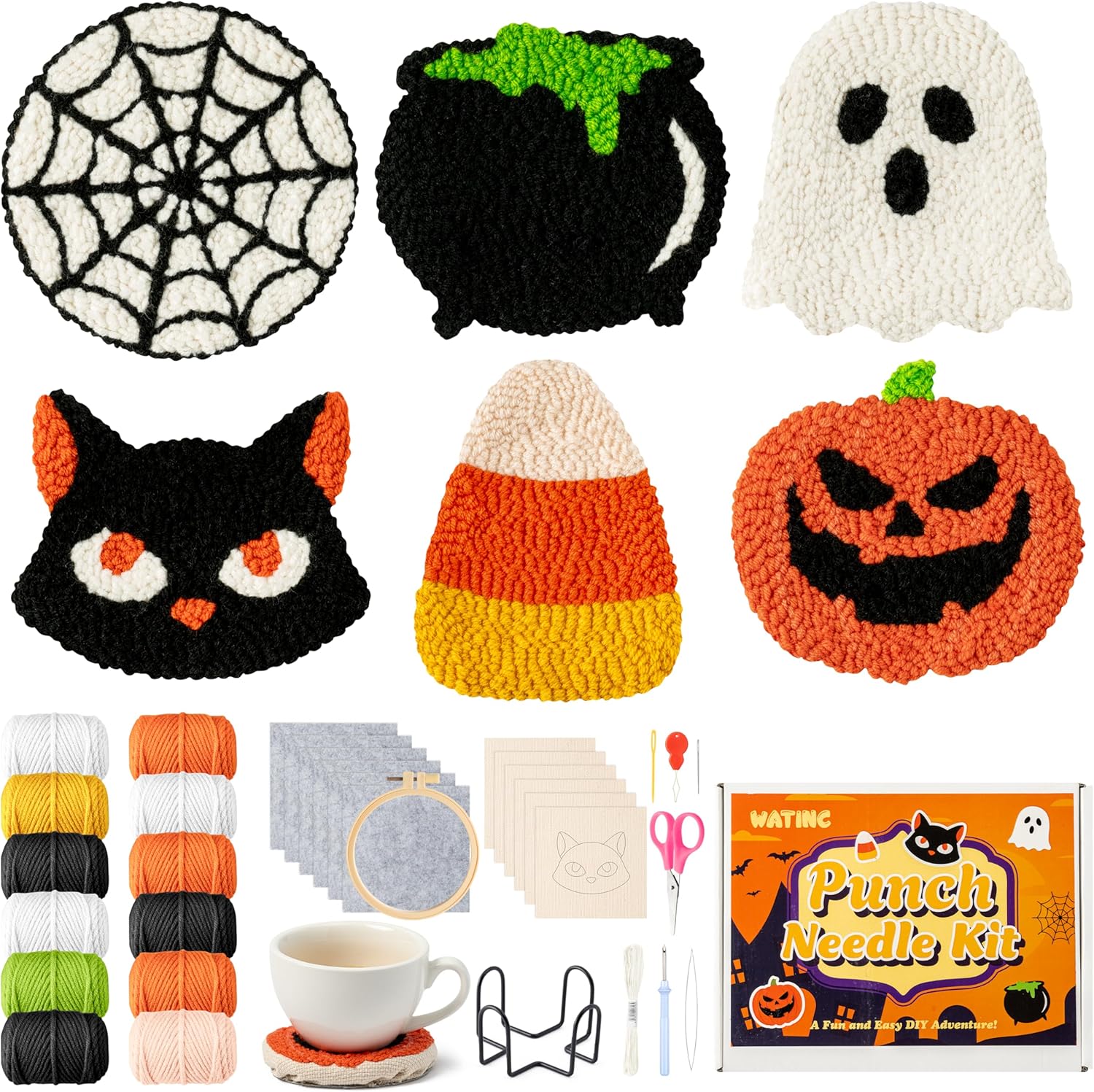 WATINC Punch Needle Coaster Kits - 23Pcs Easy Art Work Decor Craft Supply for Beginners, DIY Set of 6 Unique Pattern Tufted Pads with Adhesive Felt Yarns Tools Coaster Holder Instruction (Orange)