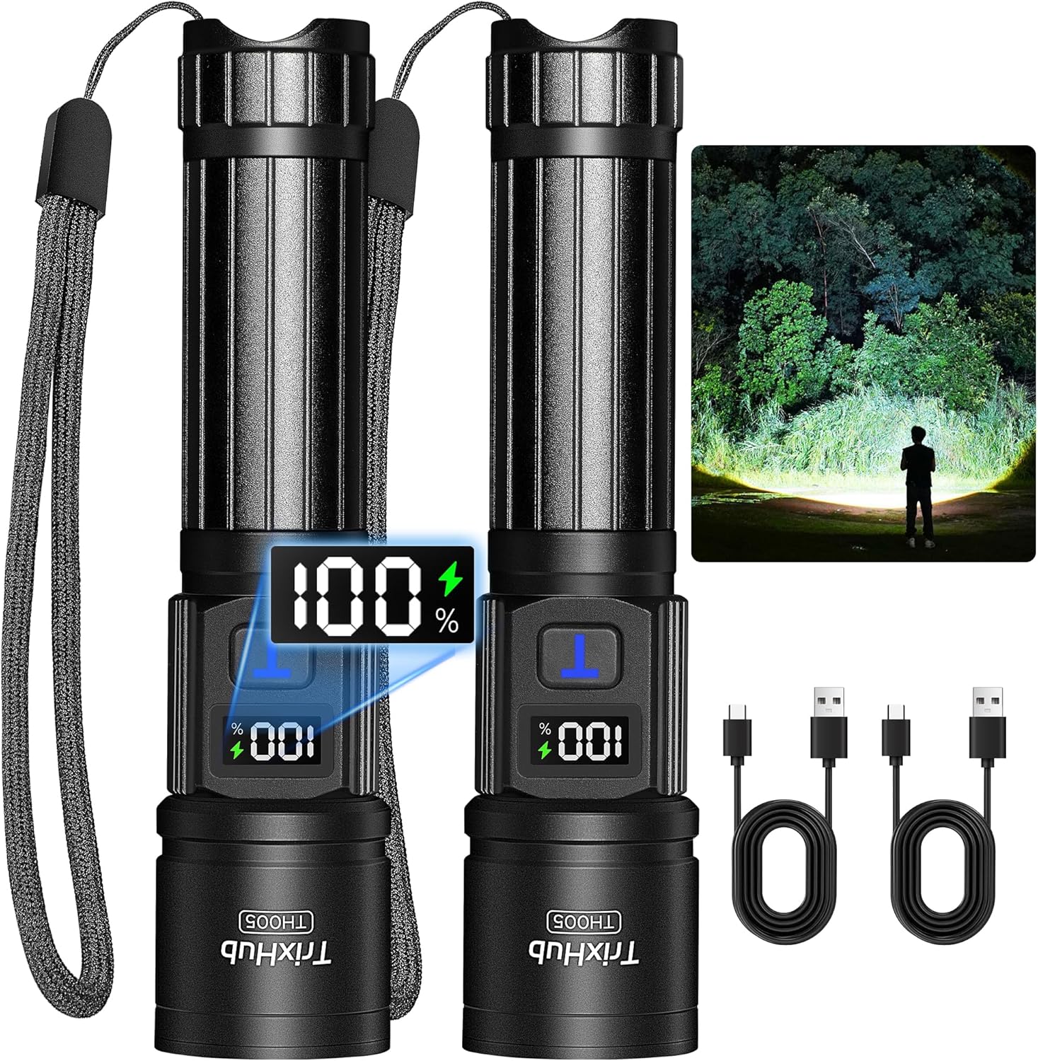 Rechargeable Flashlights 2 Pack, Super Bright High Lumens Flash Light, 5 Modes Zoomable Linternas with LCD Digital Display, Powerful Handheld LED Flashlights for Emergencies Camping