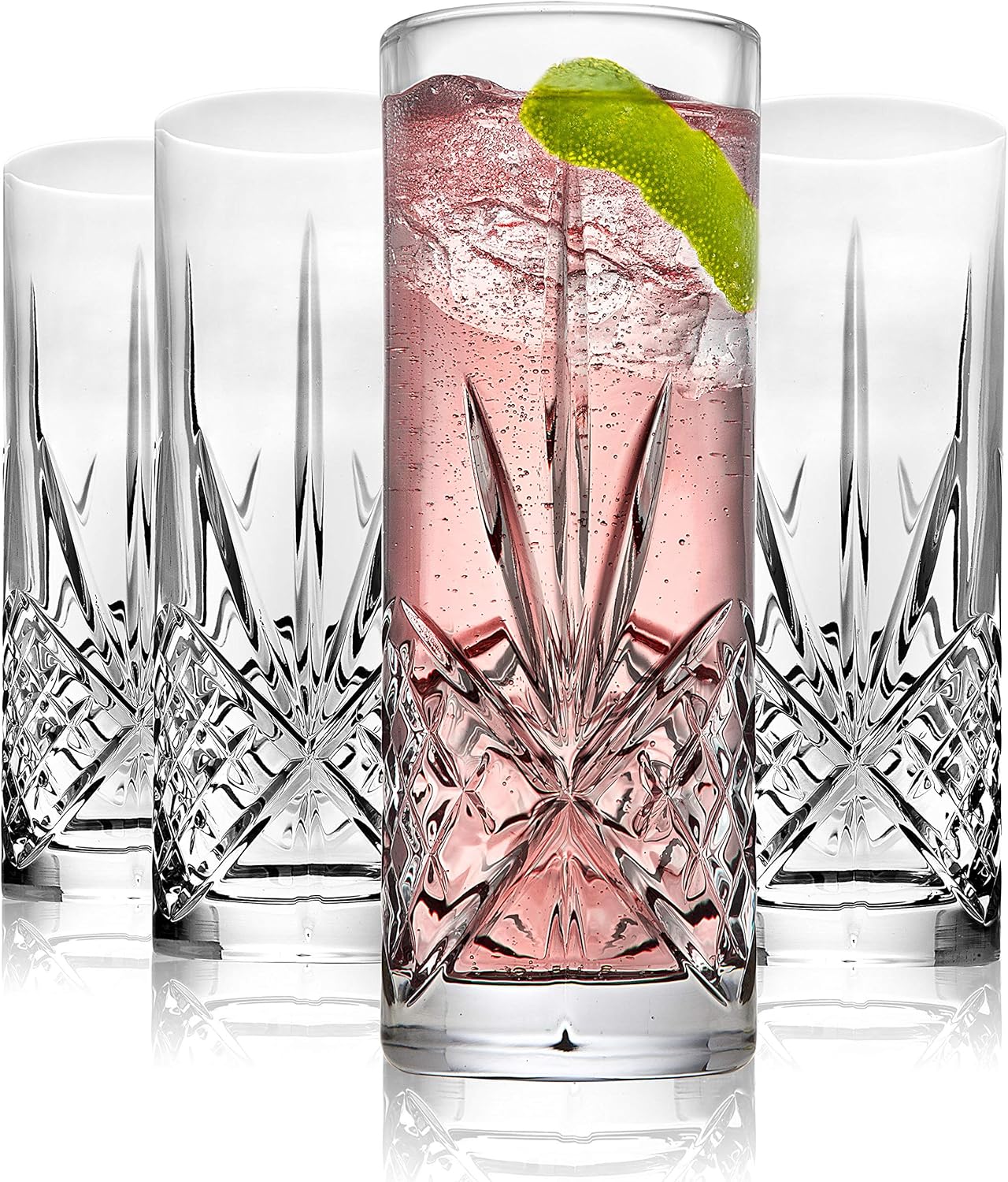 Godinger Tall Beverage Glasses Collins All Purpose Drinking Glasses- Dublin Collection, SET OF 4