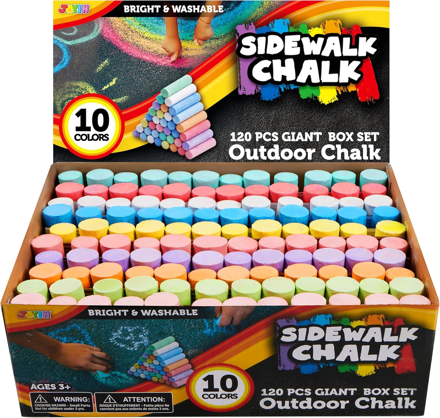JOYIN 120 Pack Washable Sidewalk Chalk Set in 10 Colors for Kids, Giant Box Non-Toxic Pavement Chalk for Indoor Outdoor Blackboard Garden Art Drawing Painting