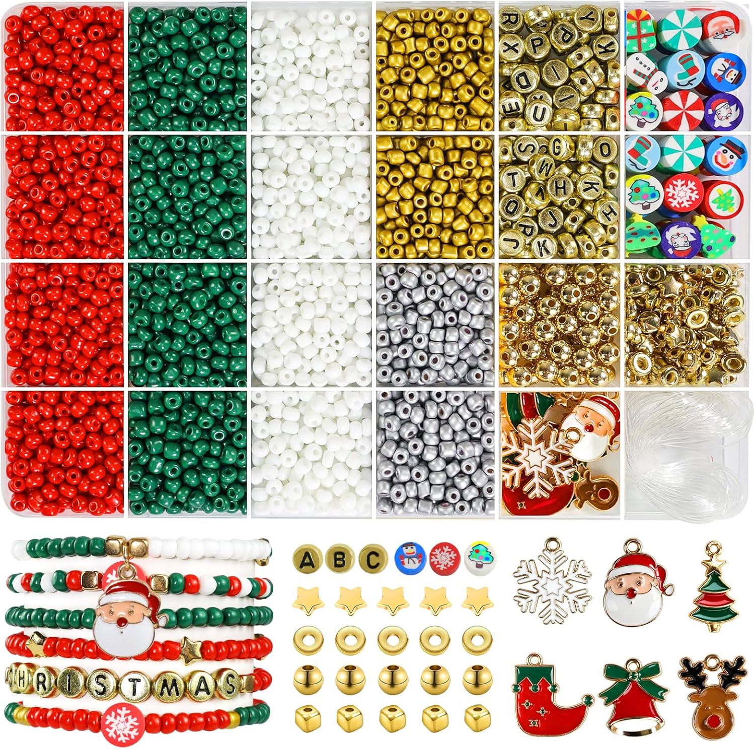 Redtwo Christmas Bracelet Making Kit, 2100 Pcs 4mm GlassSeed Beads Friendship Bracelet Kit, Holiday DIY Craft with Christmas Charms, Gifts for Crafts Lover