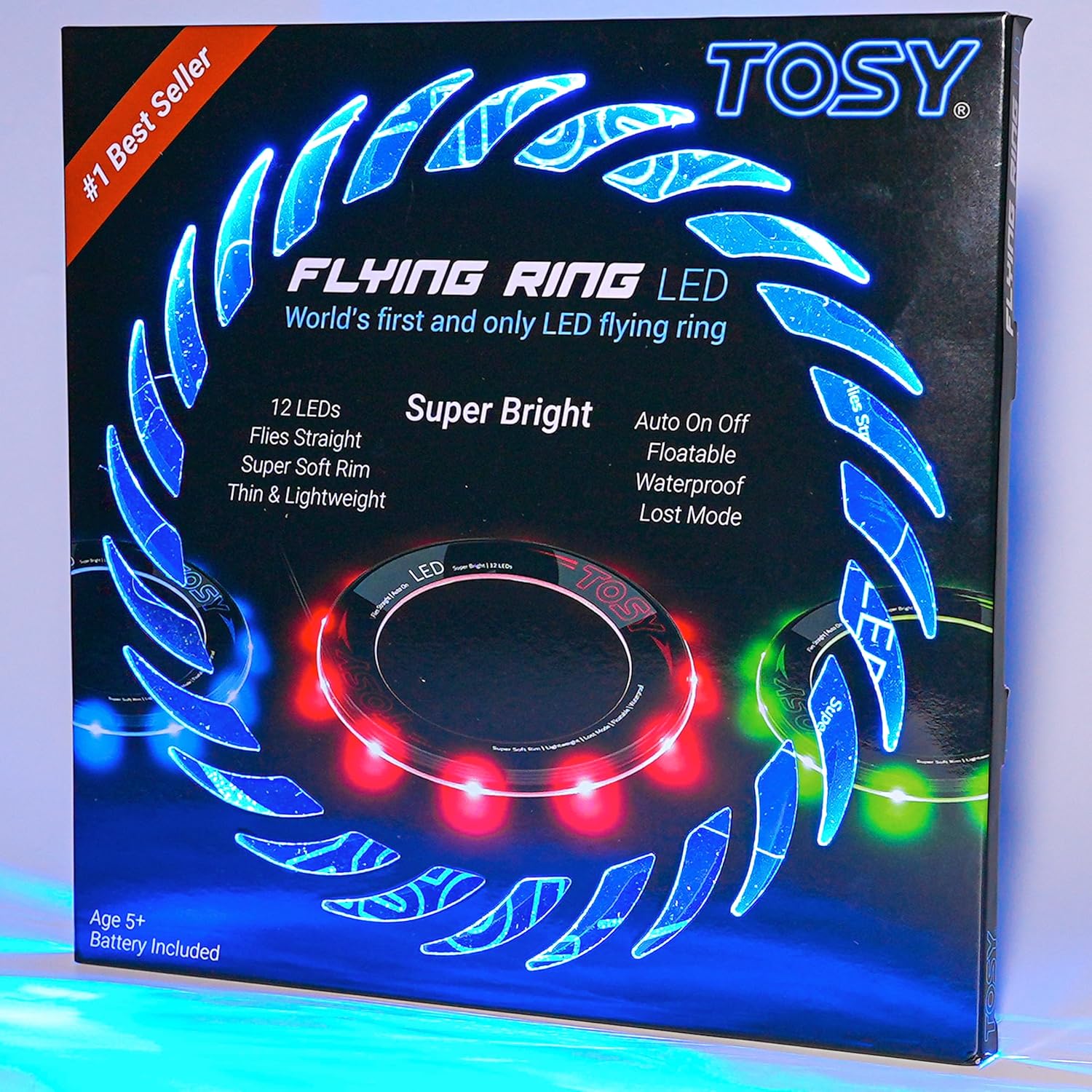 TOSY Flying Ring - 12 LEDs, Super Bright, Lost Mode, Auto Light Up, Camping Essentials for Kids/Teens/Boy/Girl, Safe & Soft, Waterproof, Pool/Beach Games, Lightweight Toy (Blue)