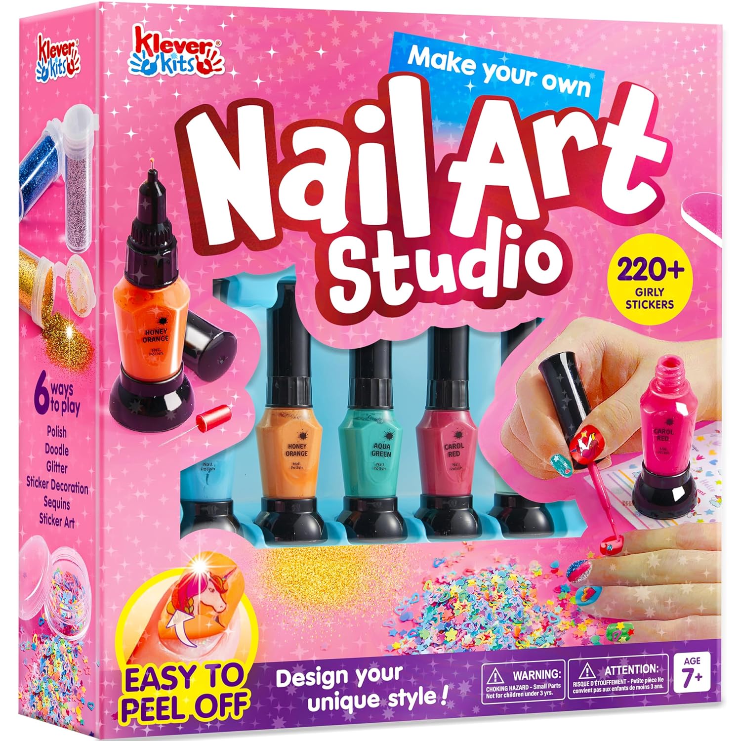 Klever Kits Kids Nail Polish Set, Nail Art Kit for Girls, Birthday Gifts for Girls Ages 7 and up, Makeup for Kids, Glitter, Sequins, Stickers , Peel Off & Quick Dry