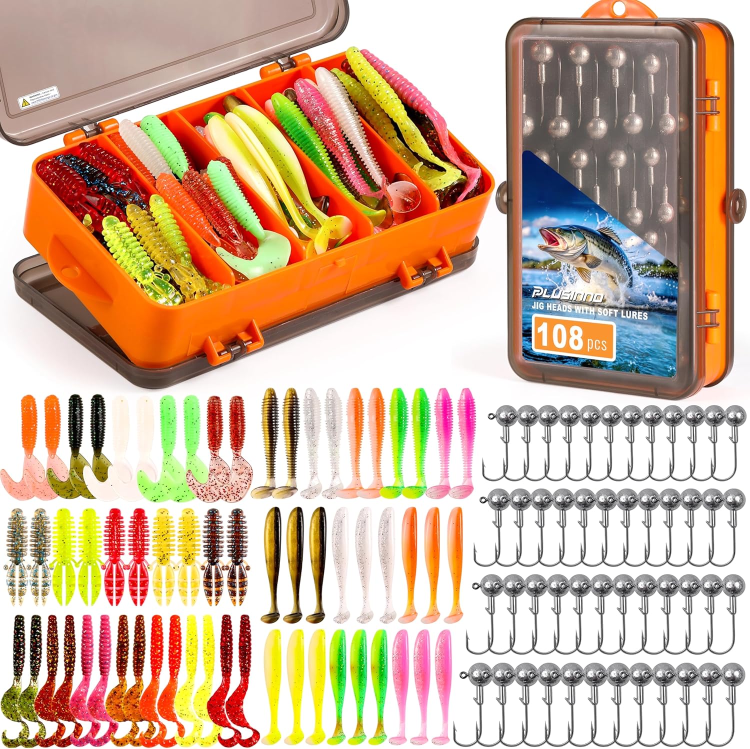 PLUSINNO Fishing Lures, 108PCS Tackle Box with Tackle Included Paddle Tail Swimbaits, Soft Worm Grubs, Crappie Jigs Heads, Fishing Gear Bait Lure Kit Gifts for Men Trout Bass Freshwater