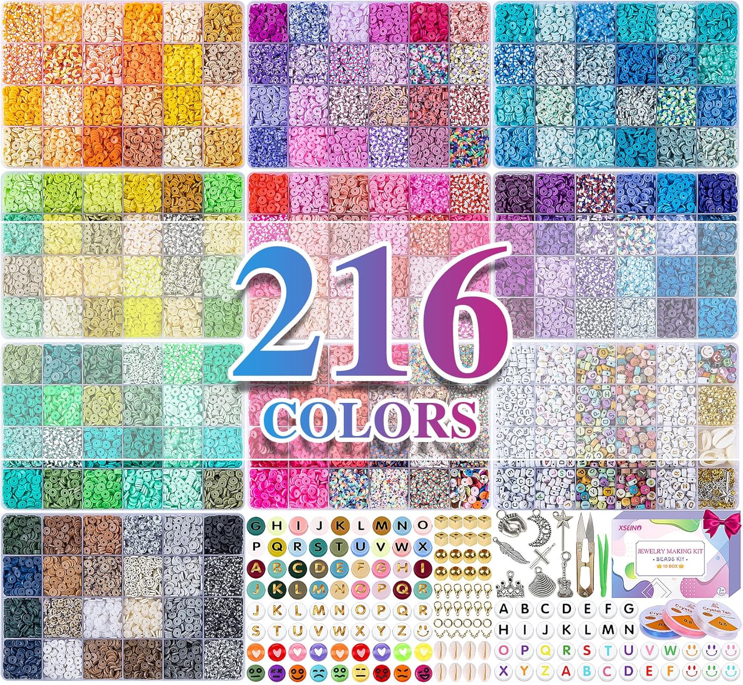 XSEINO 46000Pcs Clay Beads Bracelet Making Kit - 216Colors 10Boxes Polymer Clay Beads, 5 Styles Letter Beads，with Rich Jewelry Making Accessories and 3 Rolls Crystal Cord, for Crafts Christmas Gifts