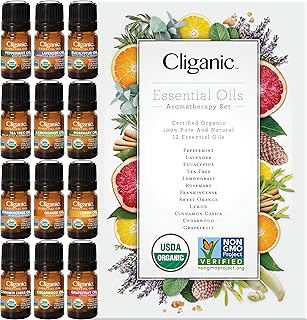 Cliganic USDA Organic Aromatherapy TOP 12 Essential Oils Set, 100% Pure - Peppermint, Lavender, Eucalyptus, Tea Tree, Lemongrass, Rosemary, Frankincense, Orange, Lemon, Cassia, Cedarwood & Grapefruit