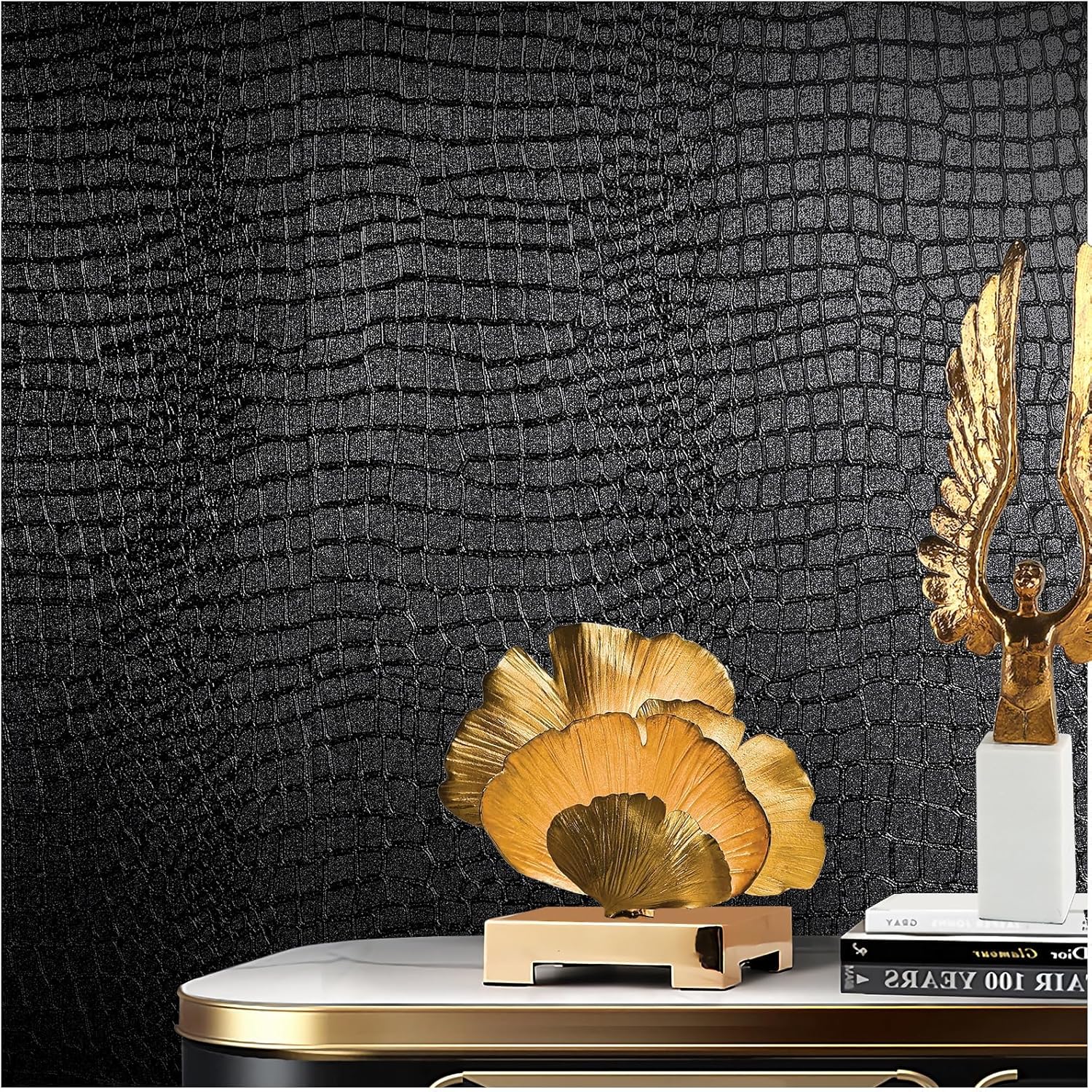 Black Peel and Stick Wallpaper, 15.7" X 118" Crocodile Wallpaper Embossed Easy Peel Off Wallpaper Self Adhesive Removable Contact Paper Textured Wallpaper for Cabinet Bedroom