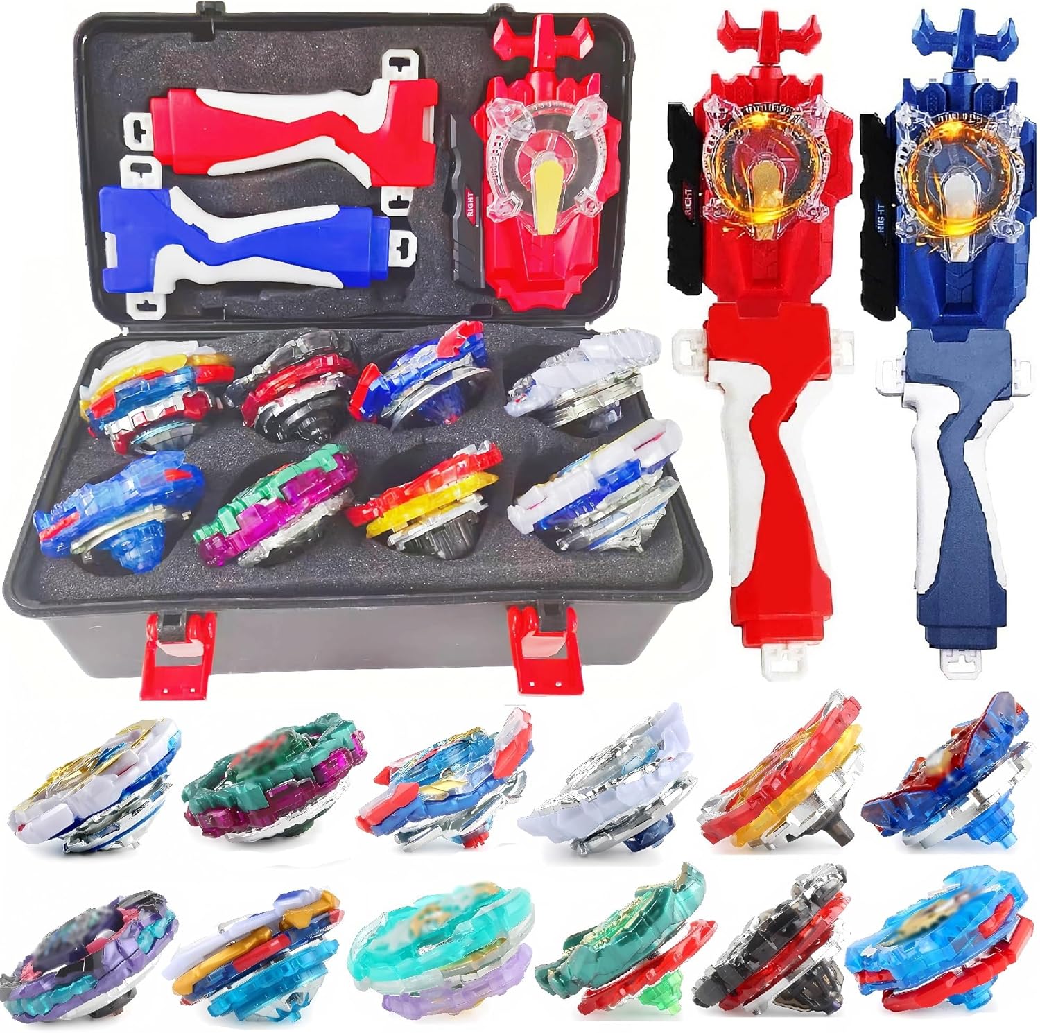 Battling Tops Box Set, Burst Gyro Toys 12 Spinning Tops + 2 Launchers + Stickers Combat Battling Game with Portable Box Gift for Kids Children Boys