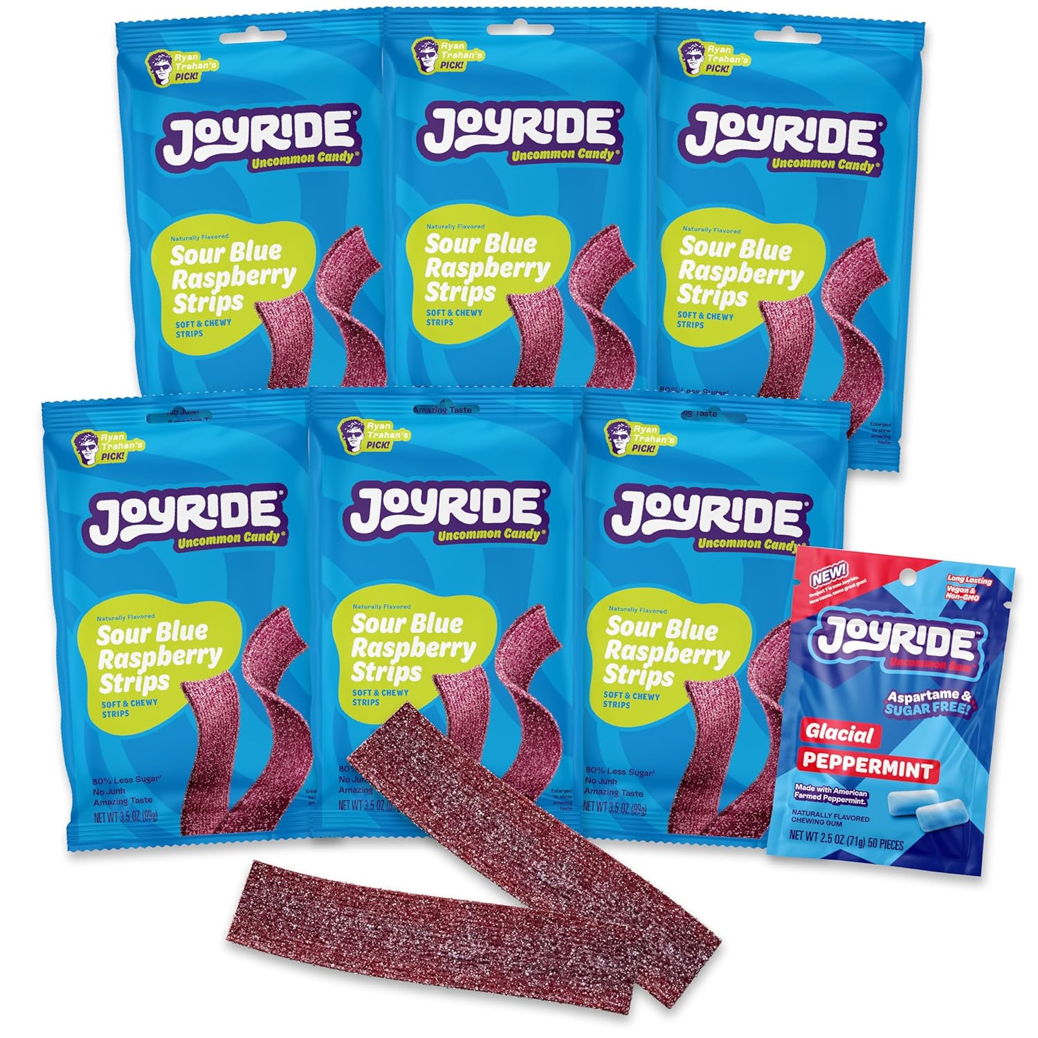 JOYRIDE Blue Raspberry Sour Strips - 3.5 oz 6-Pack Bundle with 2.5oz Glacial Peppermint Gum, Low Sugar, Sour Belt Candy, Dye Free, Low Calorie Snacks, Healthy Candy (7 Items)