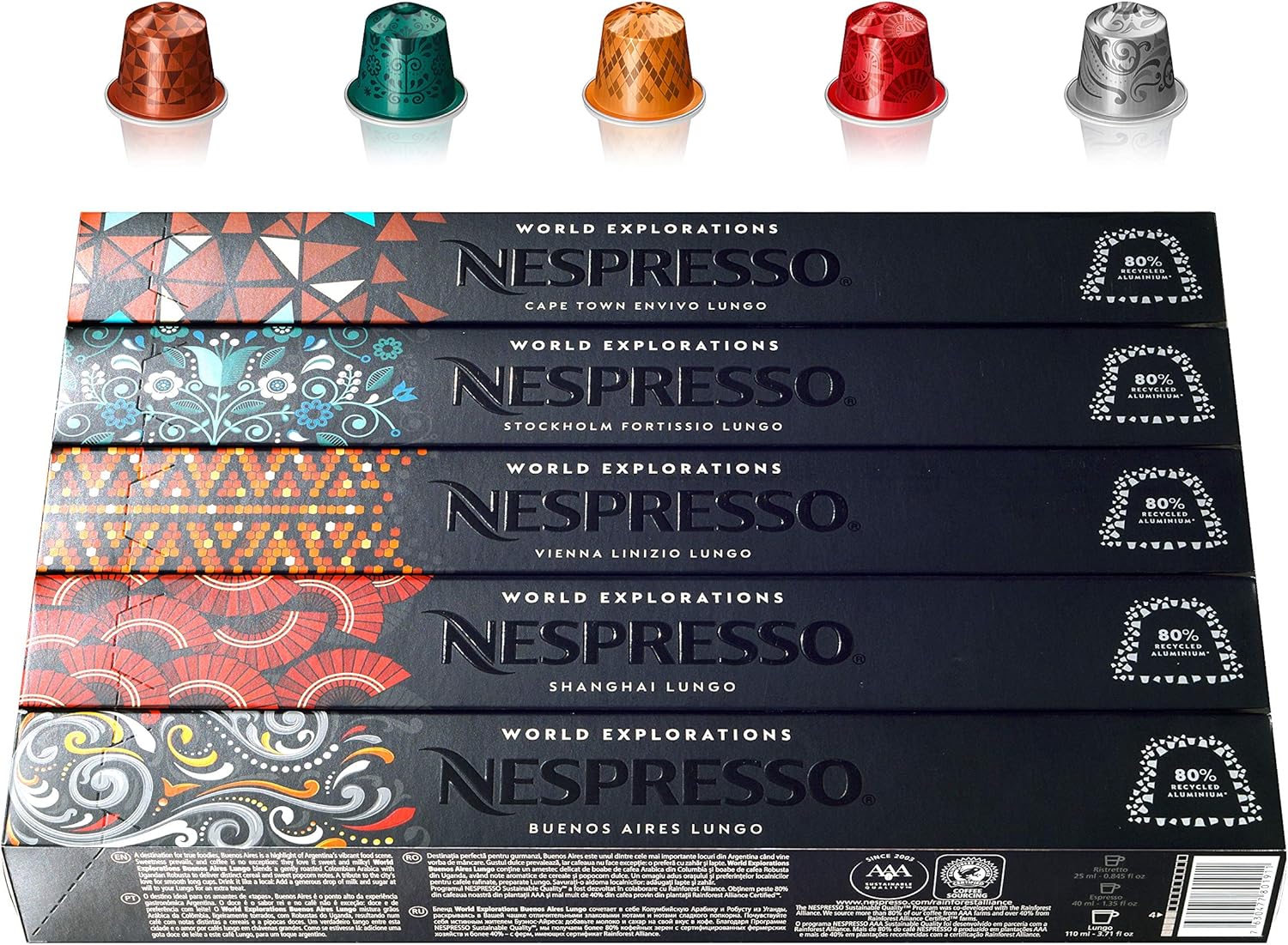 Nespresso World Explorations Pack: Envivo, Fortissio, Linizio, Shanghai, Buenos Aires Lungo - 50 Capsules
