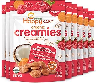 Happy Creamies Family Baby Organic Creamies Freeze-Dried Veggie & Fruit Snacks with Coconut Milk Strawberry Raspberry & Carrot, 1 Ounce (Pack of 8)