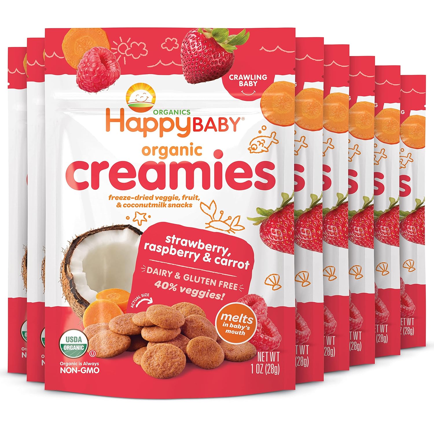 Happy Creamies Family Baby Organic Creamies Freeze-Dried Veggie & Fruit Snacks with Coconut Milk Strawberry Raspberry & Carrot, 1 Ounce (Pack of 8)