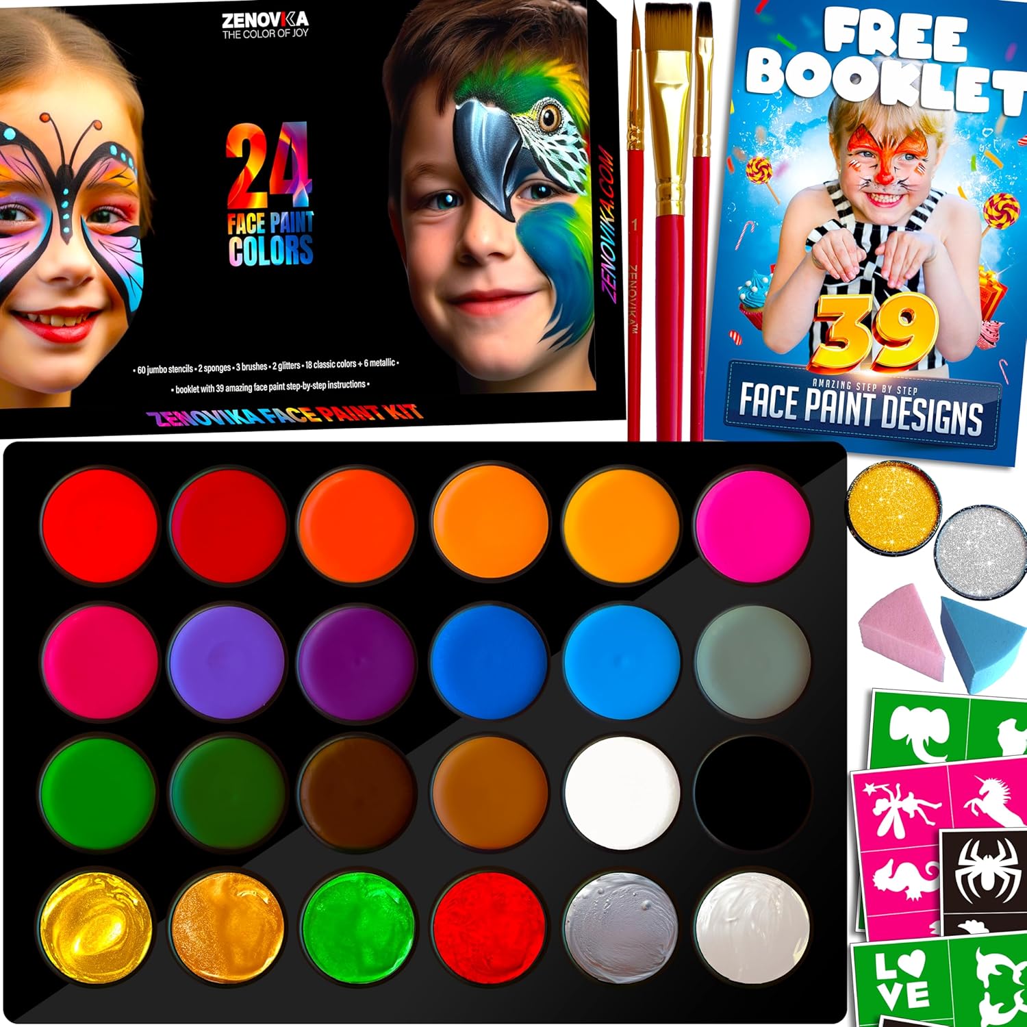 Face Painting Kit for Kids - Non-Toxic and Hypoallergenic Face Paint Kit with 24 Colors, Stencils, Book, and Professional Halloween Makeup Kit - Safe and Easy to Use Face Paint Kit for Kids