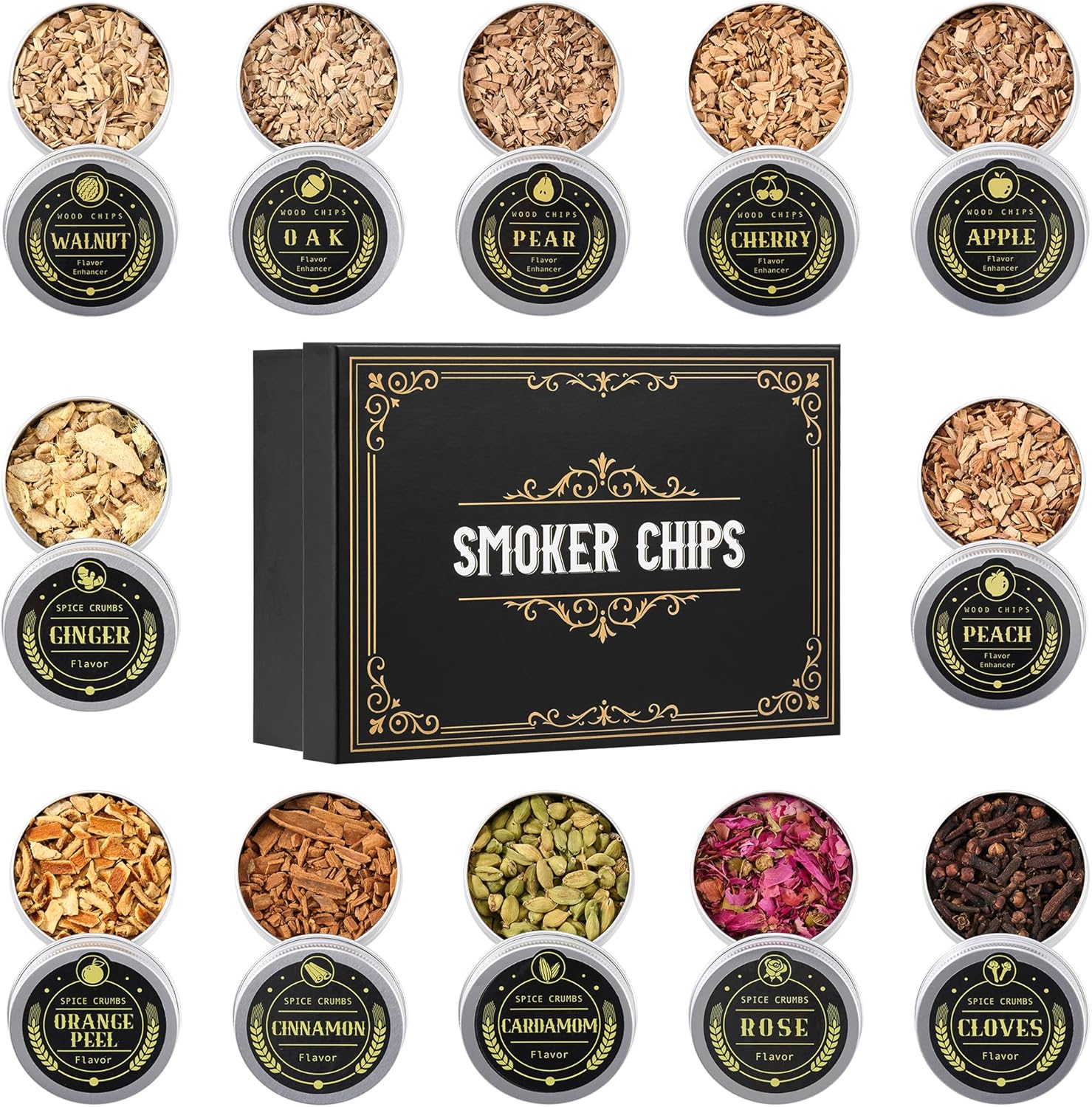 12 Flavor Cocktail Smoker Wood Chips Gift Set for Men - Cinnamon, Cloves, Orange Peel, Cardamom, Rose, Ginger, Pear, Peach, Cherry, Apple, Oak, Walnut for Whiskey/Bourbon/Drinks Smoke Gun