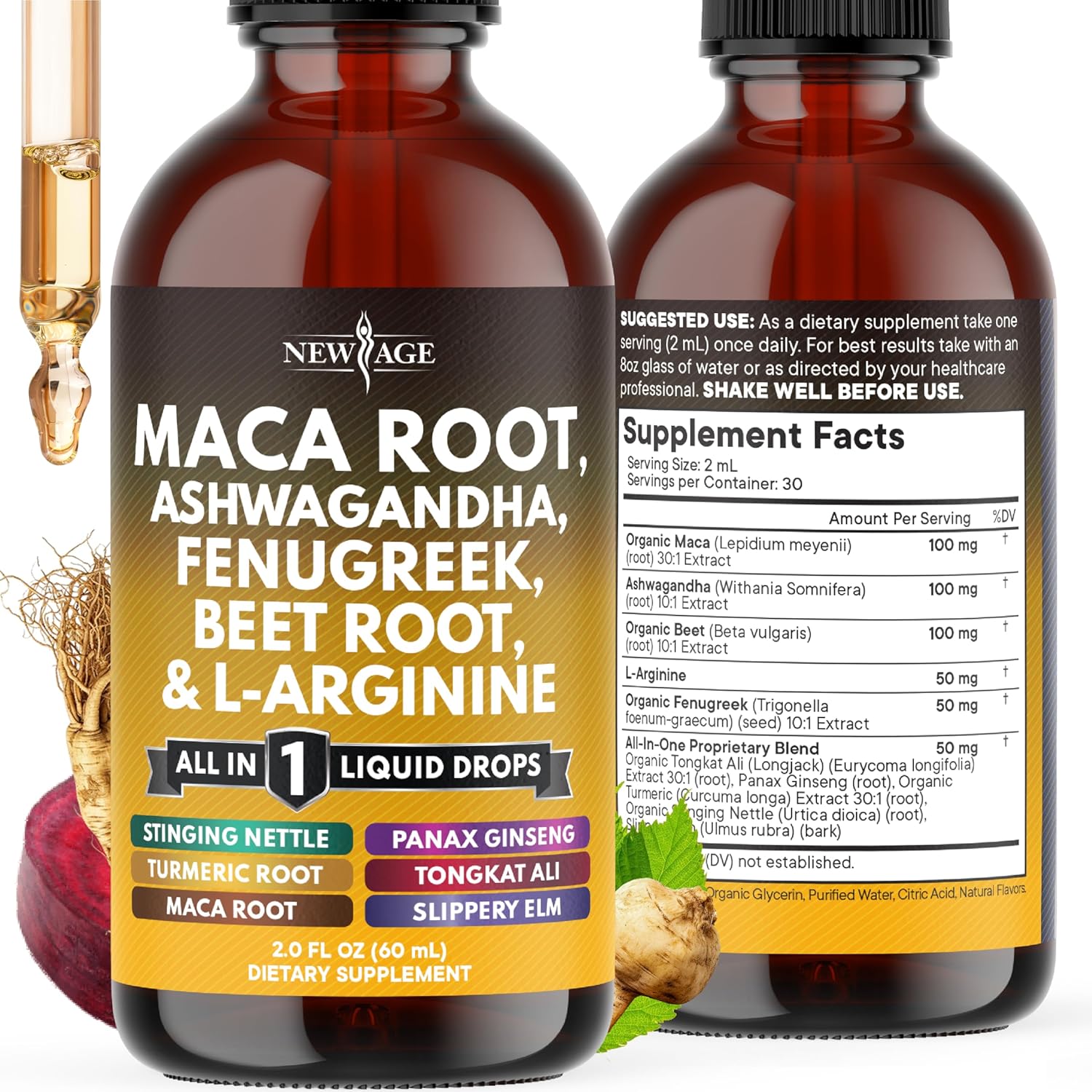Organic Maca Root Liquid Drops with Ashwagandha, Nettle, Fenugreek, Beet Root and L-Arginine Liquid Multivitamin for Women and Men (1)