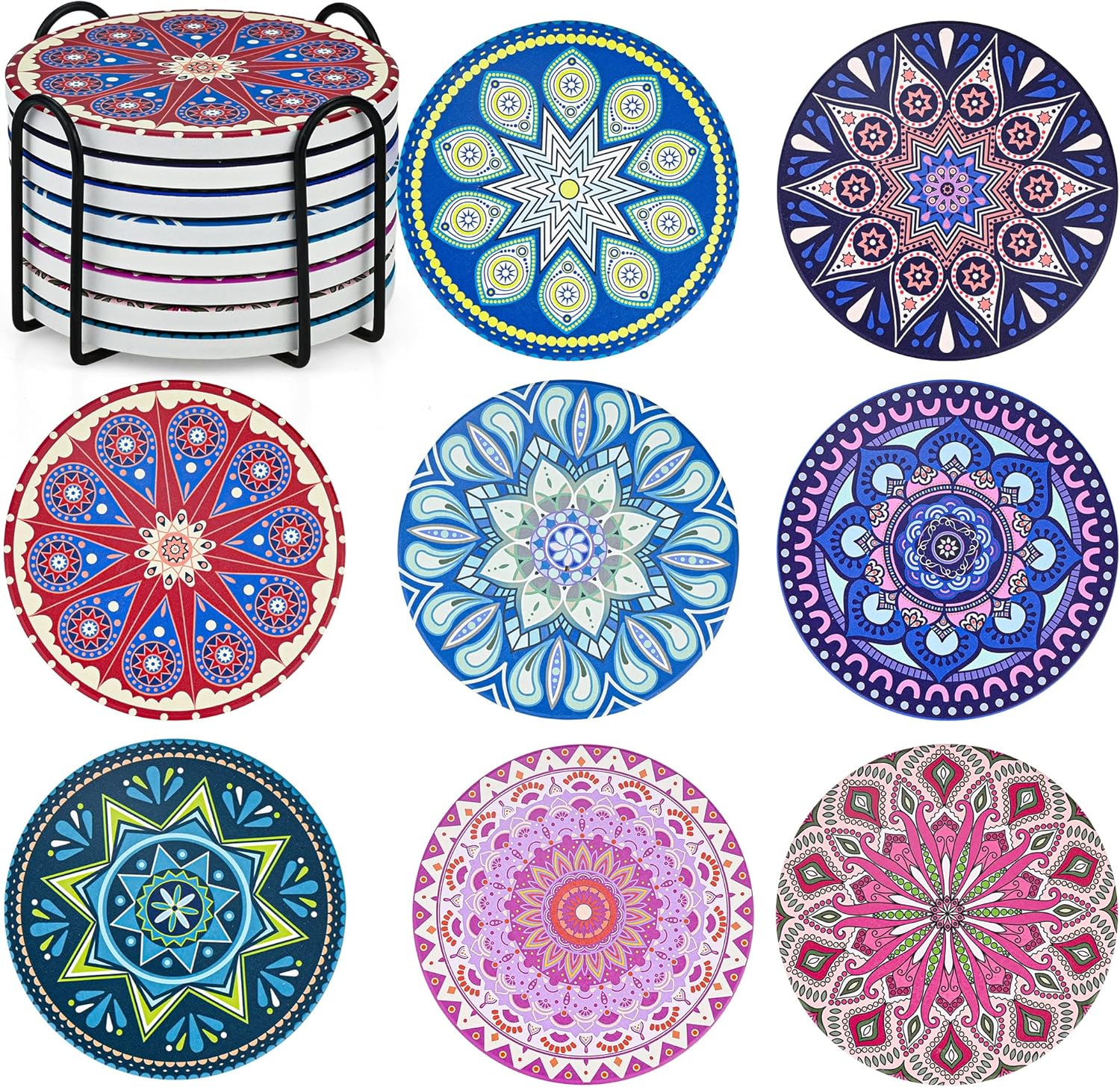 Mandala Coasters Set of 8, Ceramic Round Drink Coasters with Holder Absorbent Drink Coaster Set with Non-slip Cork Base & Ceramic Stone Cup Pad for Cups Mug Wine Glass Home Kitchen & Bar - 4 Inches