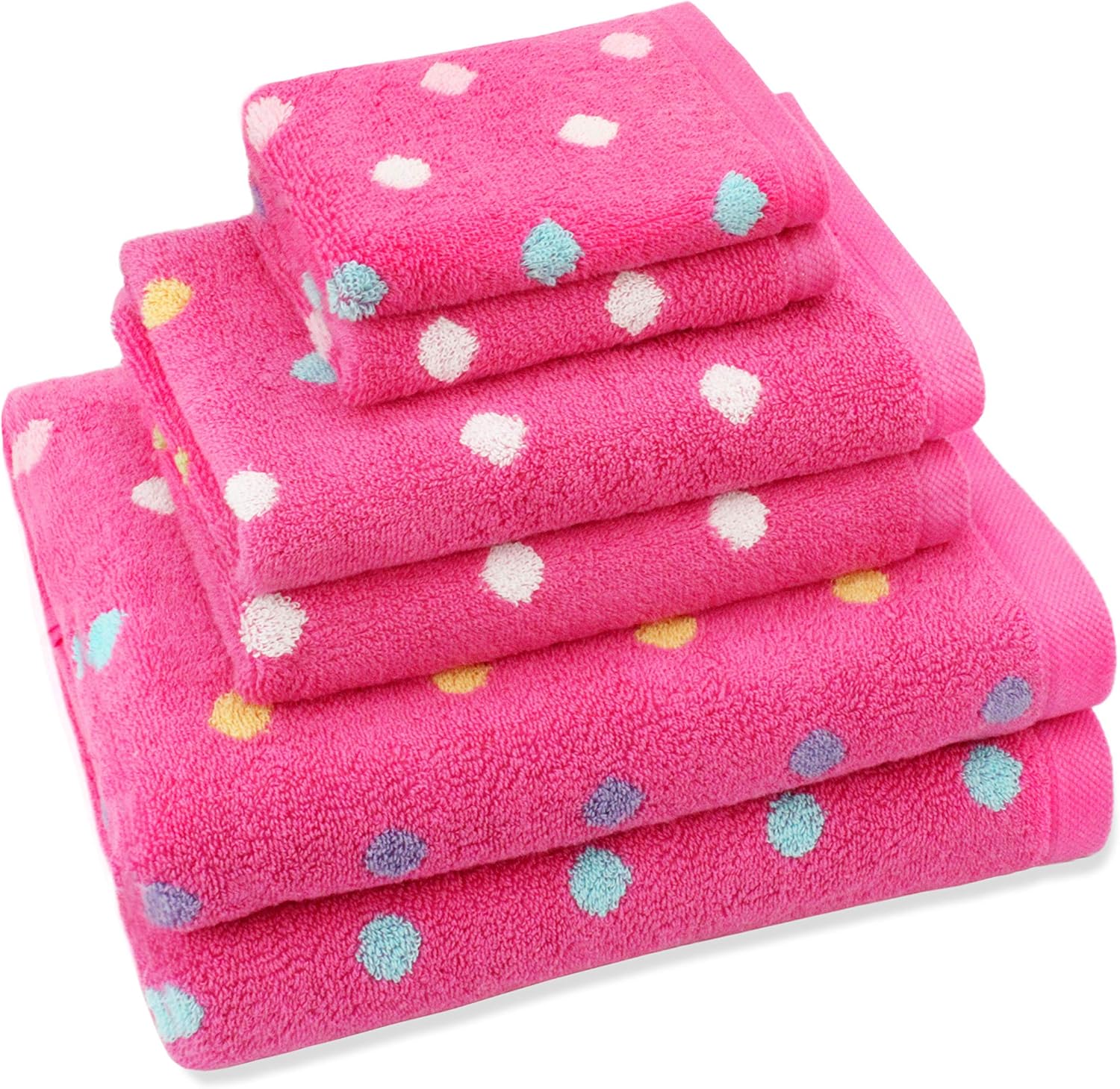 ORIGINAL KIDS 6 Piece Towel Set - Bath Time Sugar & Spice - 2 Towels, 2 Hand Towels, 2 Washcloths - 100% Cotton Jacquard Soft Absorbent Pool Beach Towel Gift - Pink Multicolor