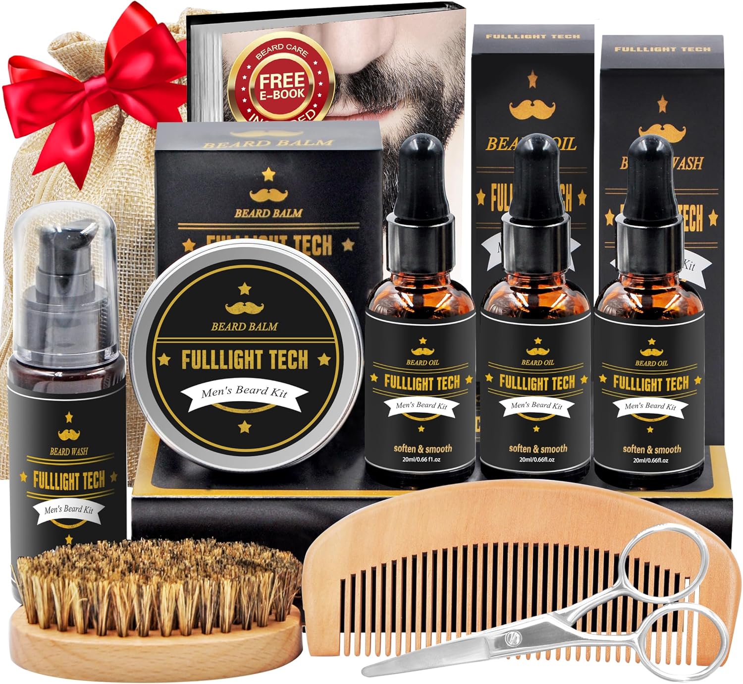 Beard Kit for Men Grooming & Care W/Beard Wash Shampoo,3 Pack Beard Oil,Beard Shaper,Beard Brush,Balm,Comb,Scissors,Beard Grooming Kit for Men Gift
