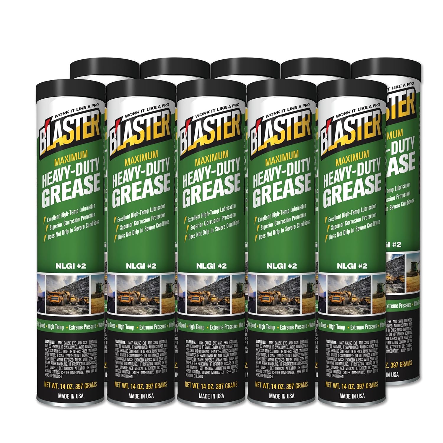 B'laster Maximum Heavy-Duty Grease with High Temperature and Superior Material Protection, NLGI #2, 14 Ounces, Pack of 10