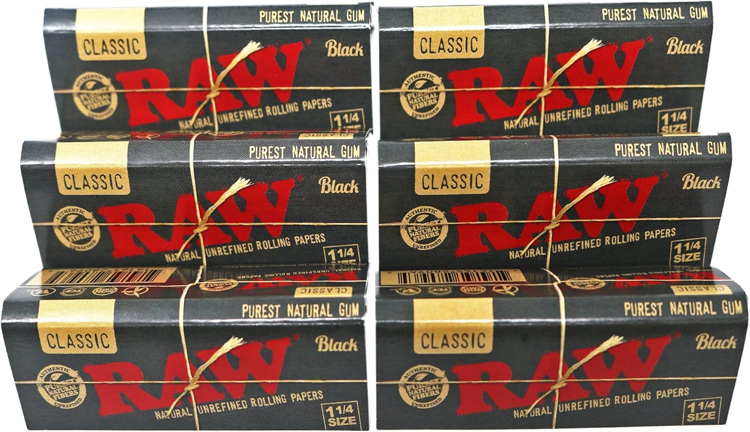 RAW Classic Black 1 1/4 Size Natural Unrefined Ultra Thin 79mm Rolling Papers (6 Packs)