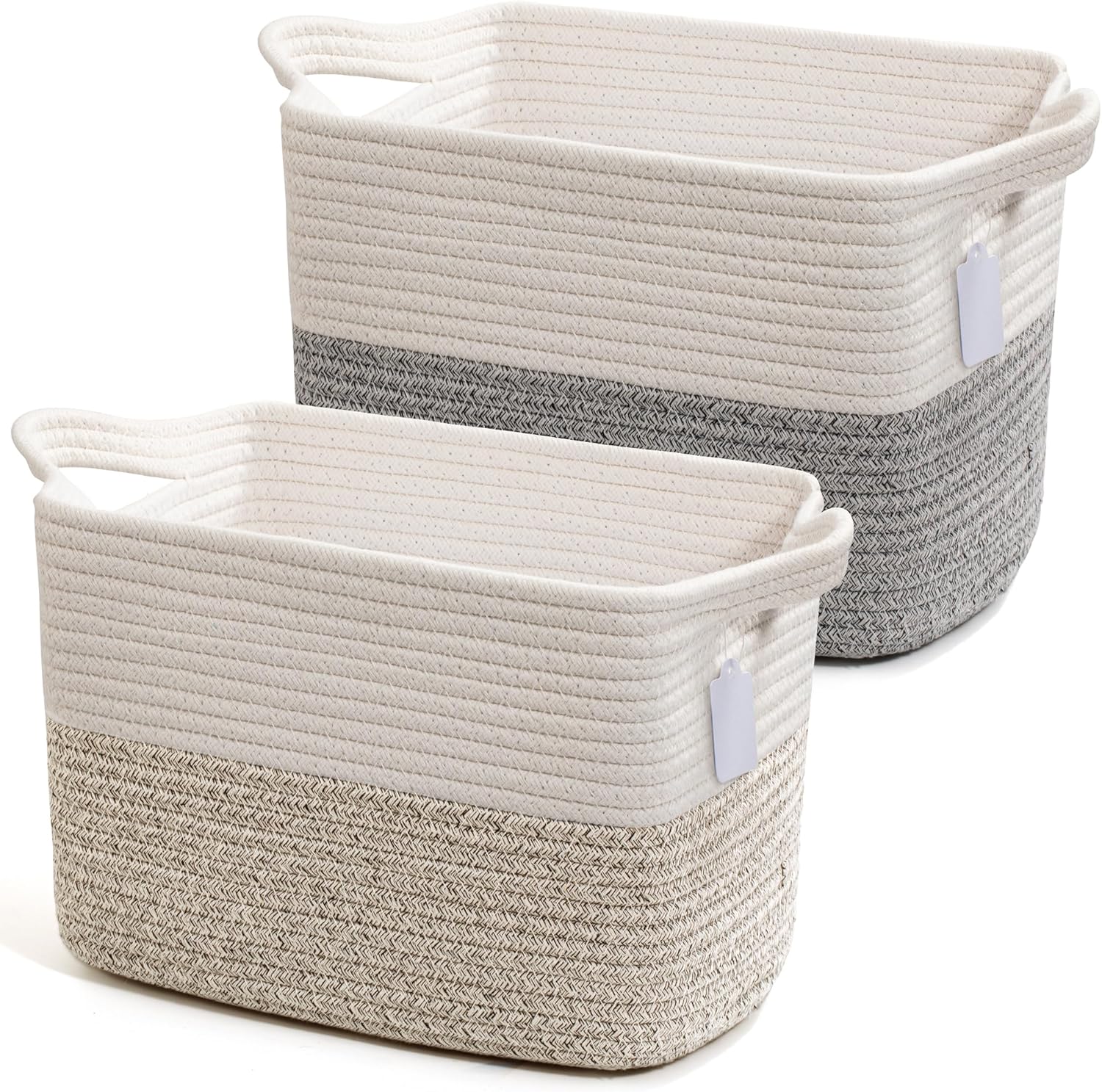 Effectyou Modern Cotton Rope Storage Baskets with Handles – Woven Organizing Bins for Laundry, Toys, Blankets & Bathroom Storage, Home Decor, Gift Basket Set of 2 (13 x 10 x 9 Inches)
