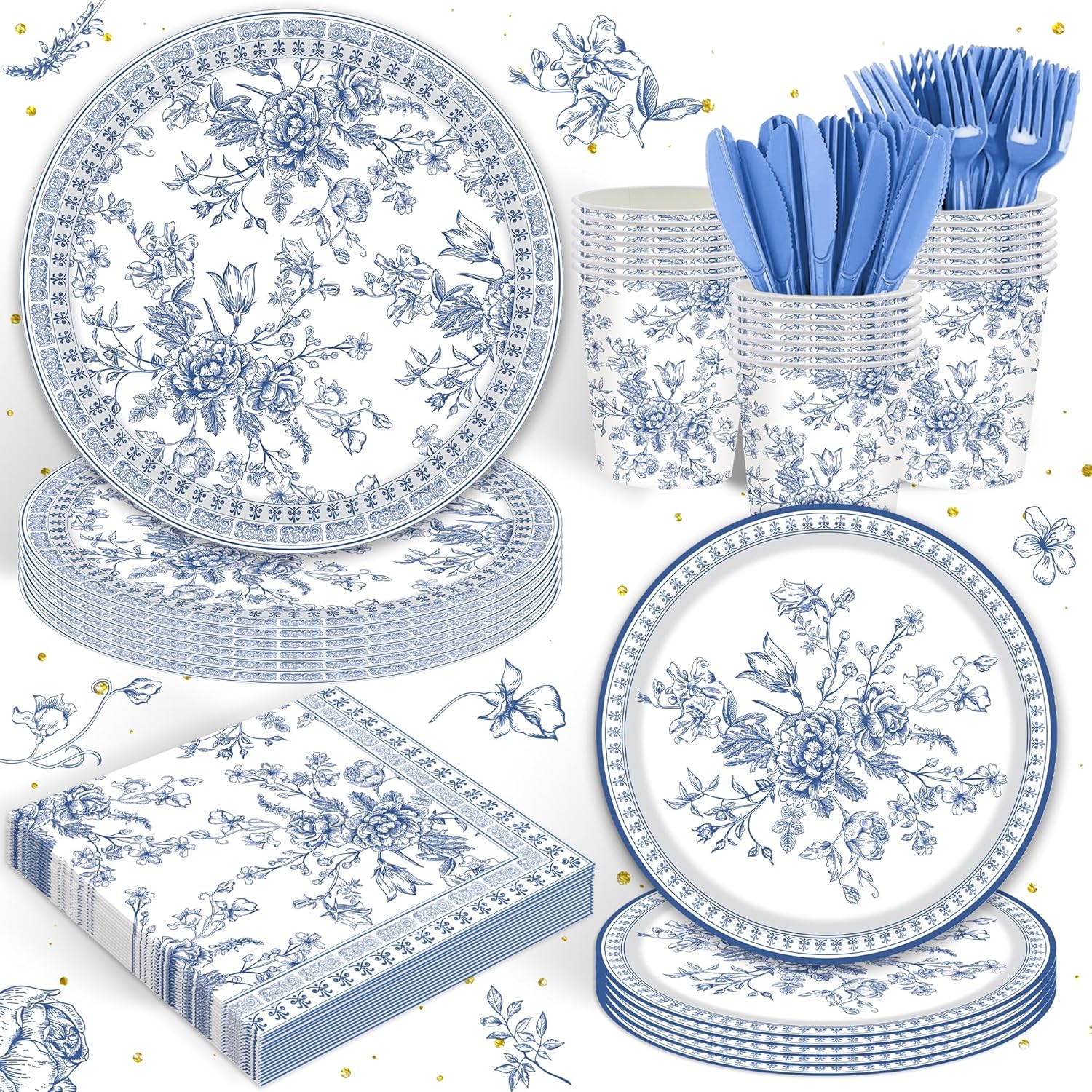 120PCS Blue Floral Plates Party Supplies for Girls Kids Blue Disposable Plates and Napkins Cups Floral Tableware Set Birthday Bridal Wedding Party Decorations