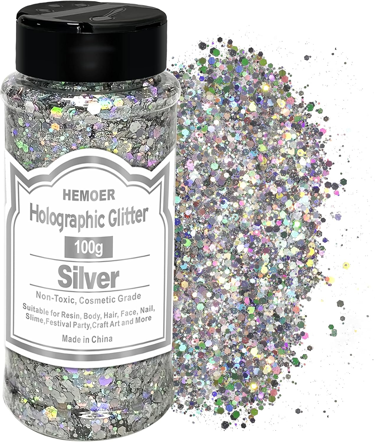 HEMOER Holographic Chunky Glitter, 100g Silver Chunky Sequins Glitter, Cosmetic Craft Glitters for Resin, Face, Nail, Body, Crafts, Slime Festival Party Art and More-3.52oz/Bottle