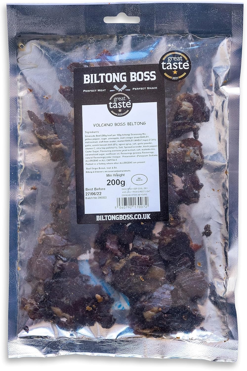 Biltong Boss Volcano Boss Beef Biltong, Premium Beef, High Protein Ready To Eat Healthy Flavoured Meat Snack, Suitable For Paleo, Keto, Atkins Diets & Post-Workout, Low Sugar & Carbohydrates, 200g