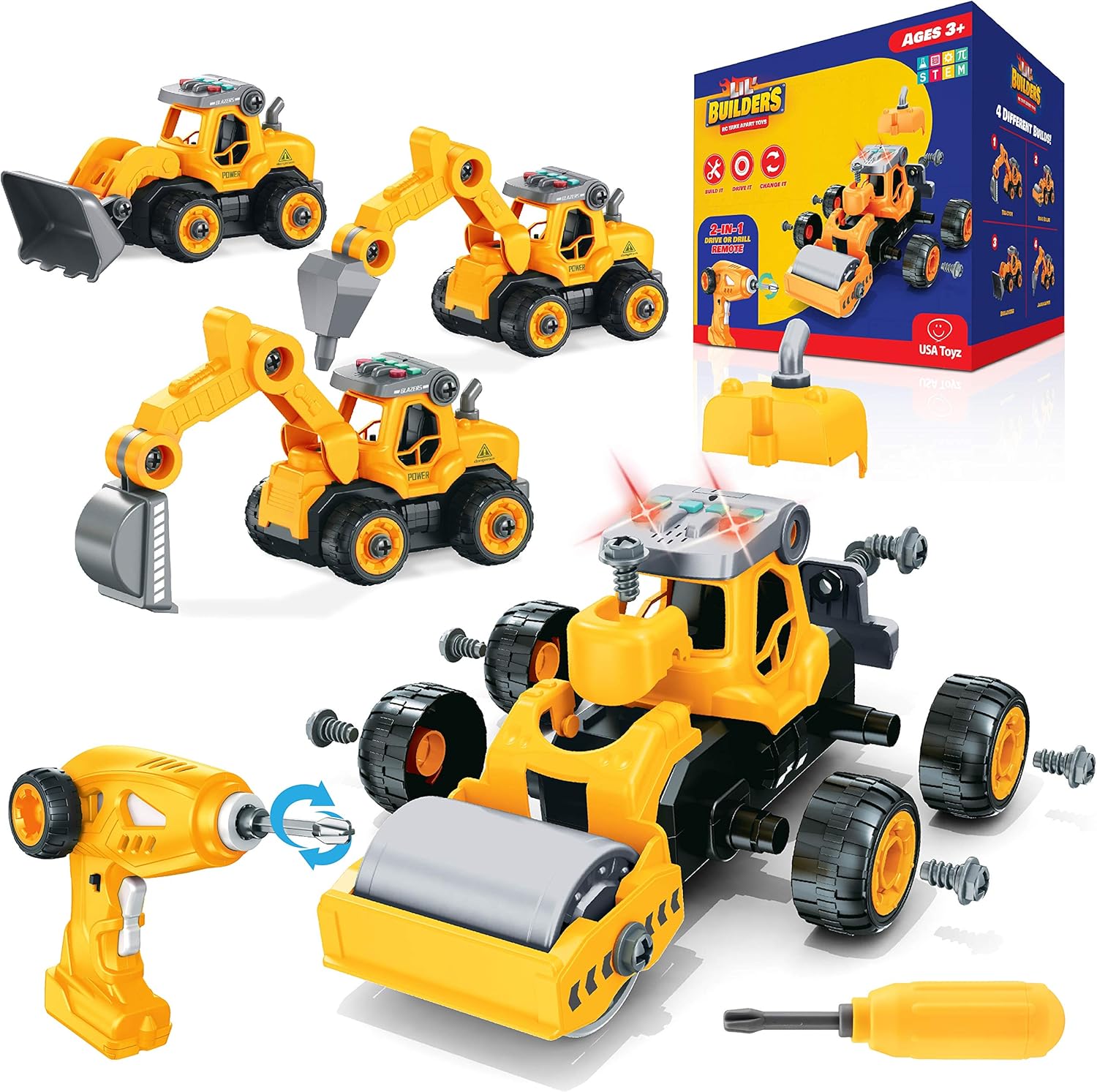 USA Toyz Lil Builders Take Apart Construction Toy for Kids - 4-in-1 Take Apart Truck with Drill, 34pc RC Truck STEM Toys Construction Vehicle Building with Electric Drill Remote Control