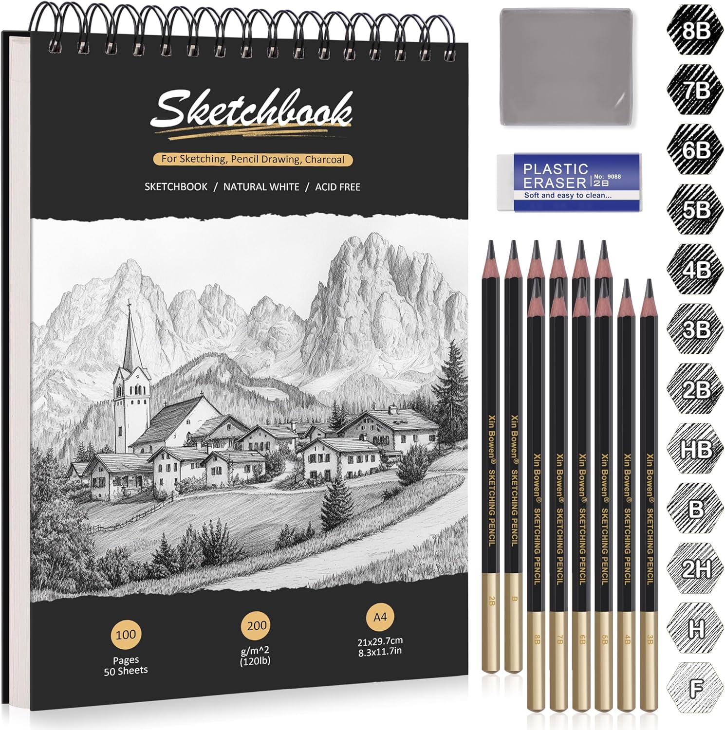 DazSpirit A4 Sketchbook, Hardcover Sketch Book with 200g/m² Thick Paper, 12 Sketch Pencils & Erasers, Spiral-Bound Sketch Pad, 50 Sheets/100 Pages Drawing Pad, Perfect for Pencils, Charcoal, Pastels