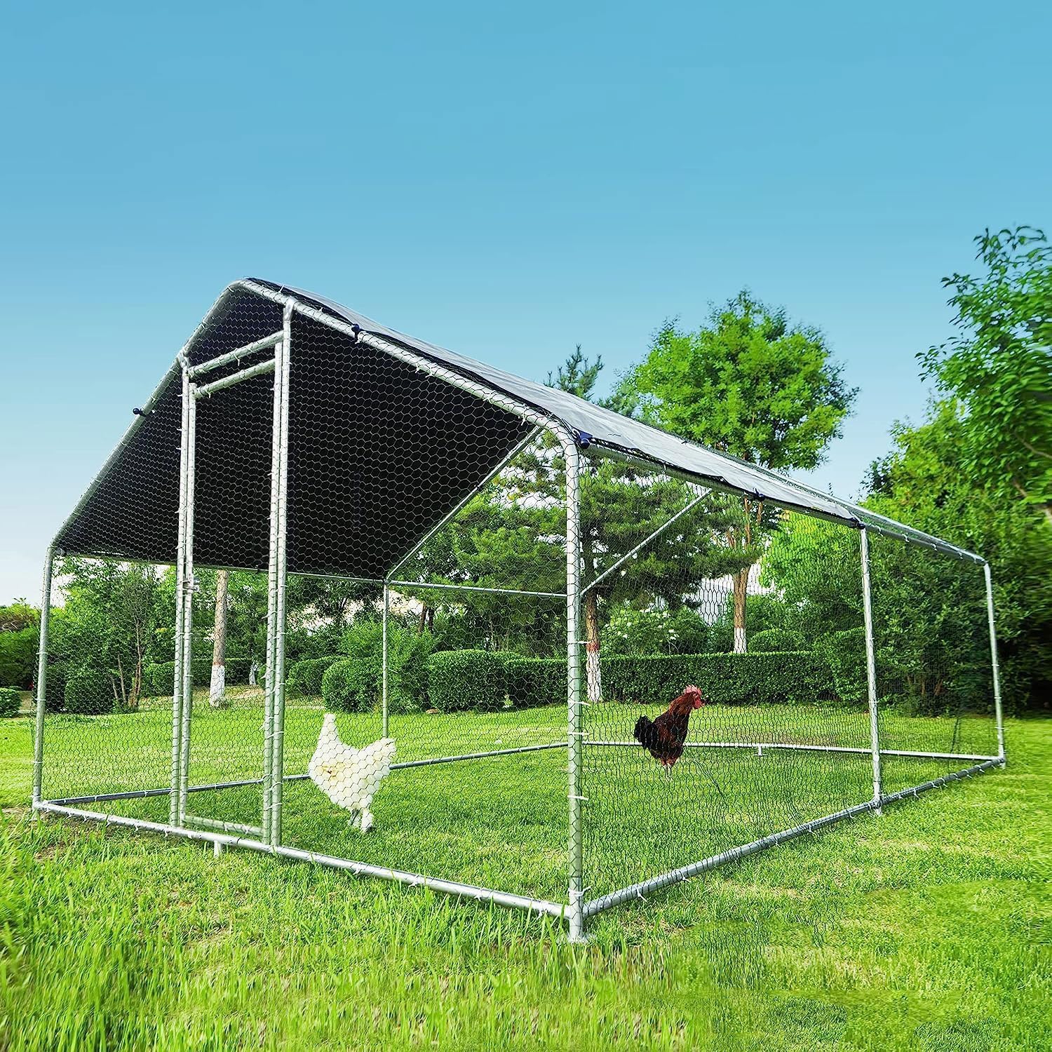 HITTITE Large Metal Chicken Coop with Run, 12.8 x 9.84 x 6.56 ft Walk in Poultry Cage Chicken Run Pen, Outdoor Chicken Runs for Yard with Waterproof & Anti-UV Cover