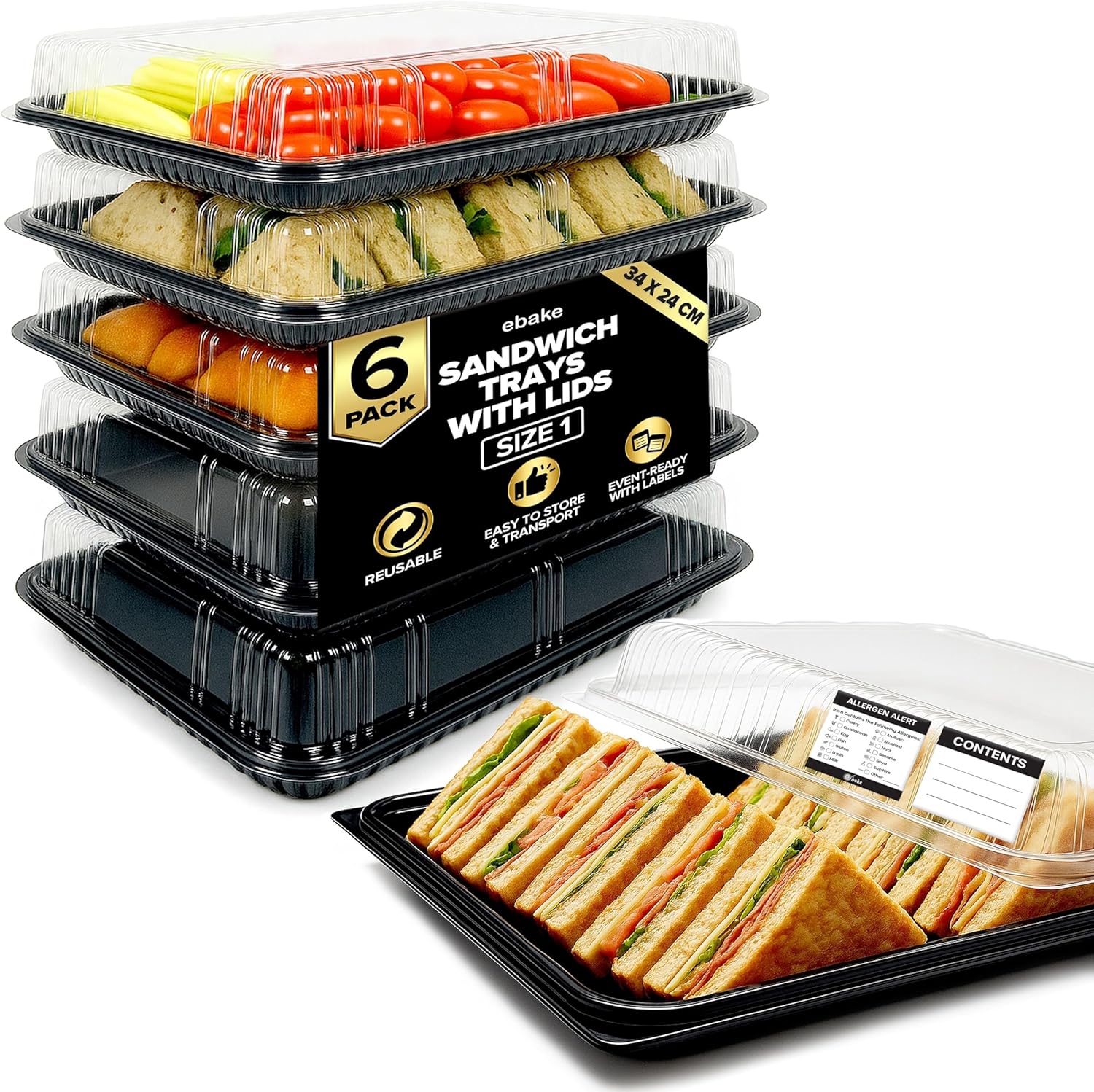 ebake Sandwich Platter Trays with Lids - 6 Pack Reusable Catering Trays with Lids (34cm x 24cm x 7.5cm) - Party Food Trays for Tea Time Snacks, Sandwiches, Cake, Treats, Sushi and Meal Prep