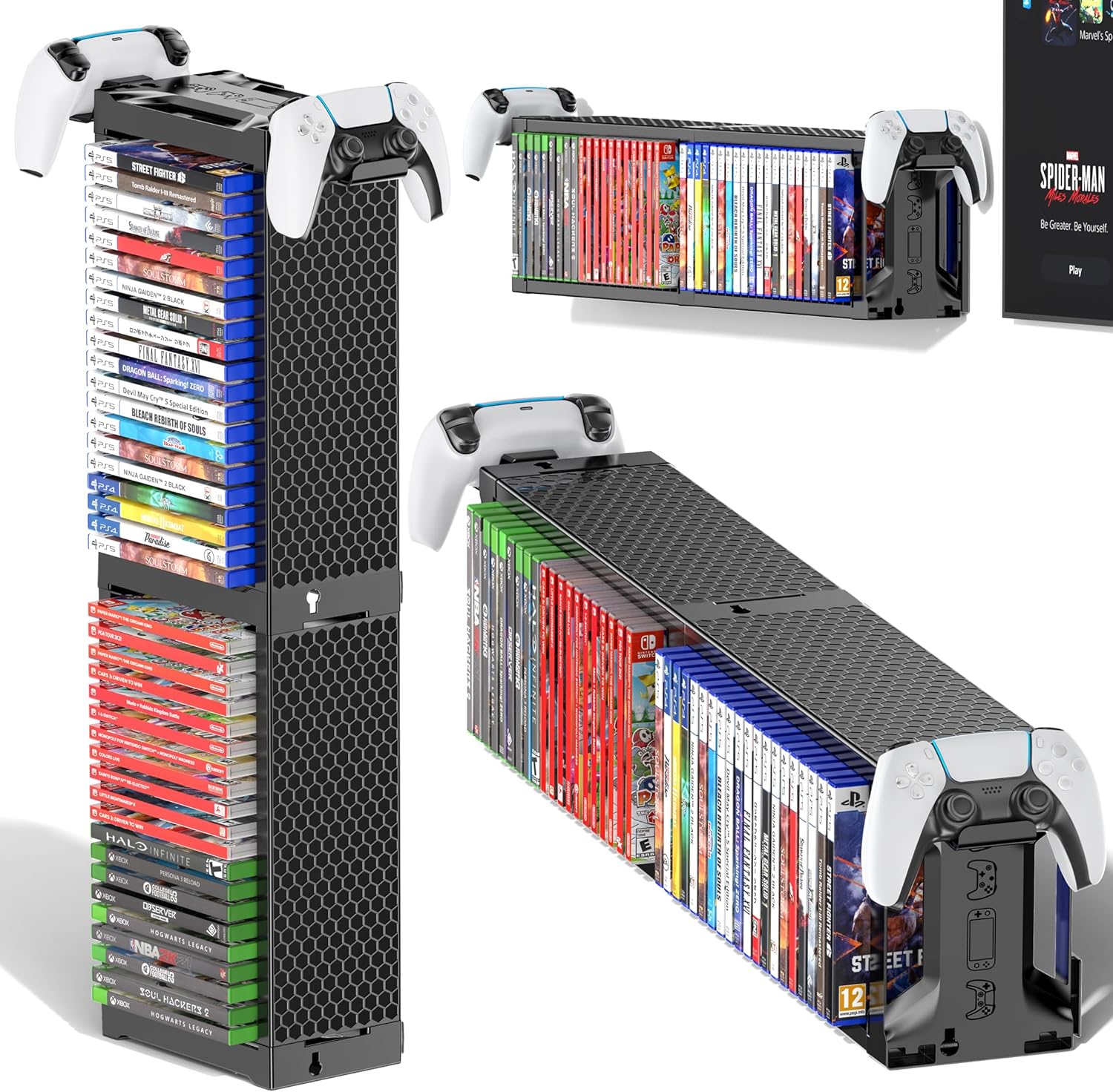 Video Game Disc Rack Tower Storage Holder Stand Universal for PS5/PS4/ XBOX One/Series/ Nintendo Switch Game, DVD/Game Organizer Shelf Display Stand for Wall Mount/ Desk/ Floor with Controller Holder