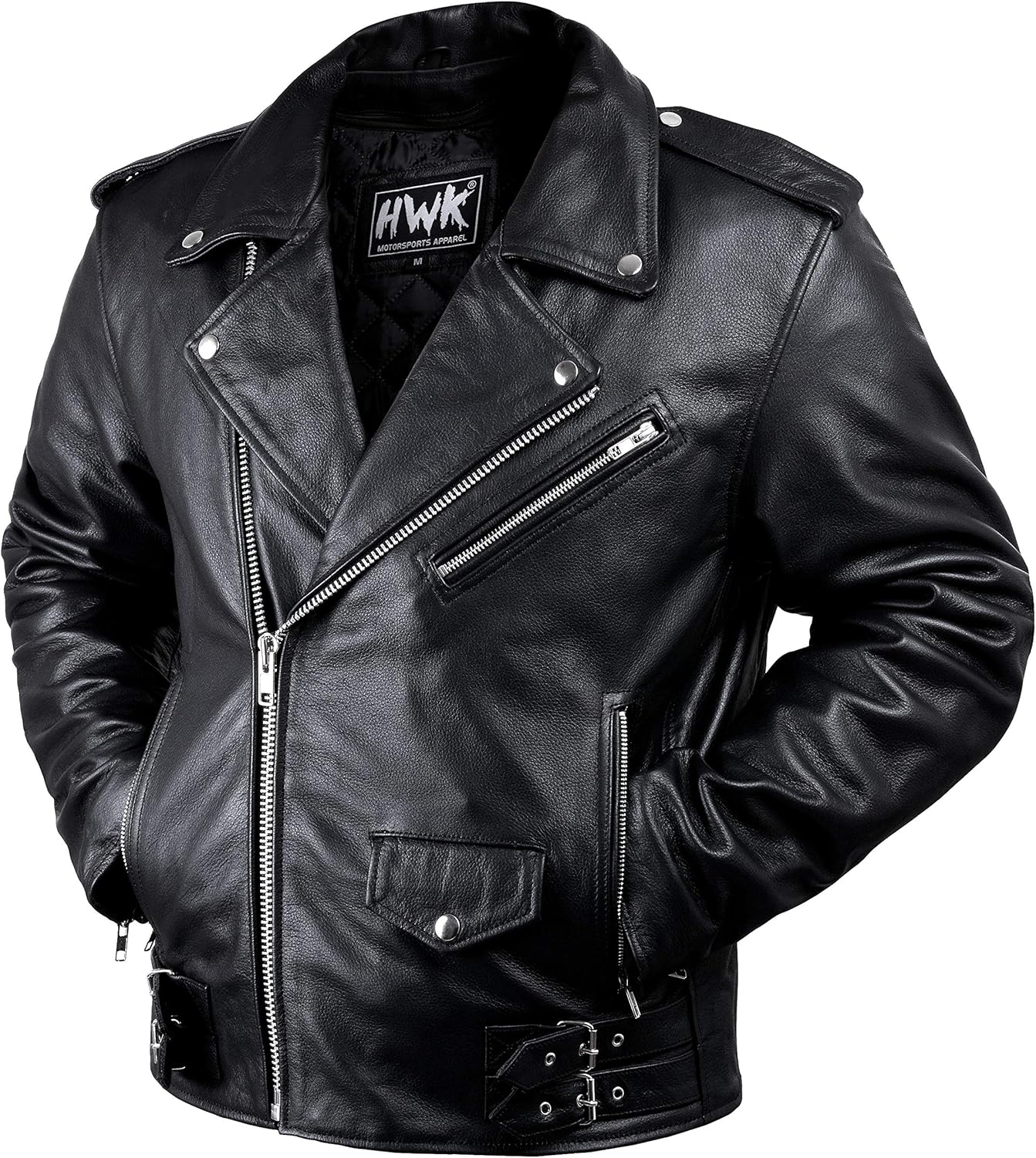 HWK Brando Leather Motorcycle Jacket for Men, Genuine Black Leather Jacket with Removable CE Armor for Motorbike Riding