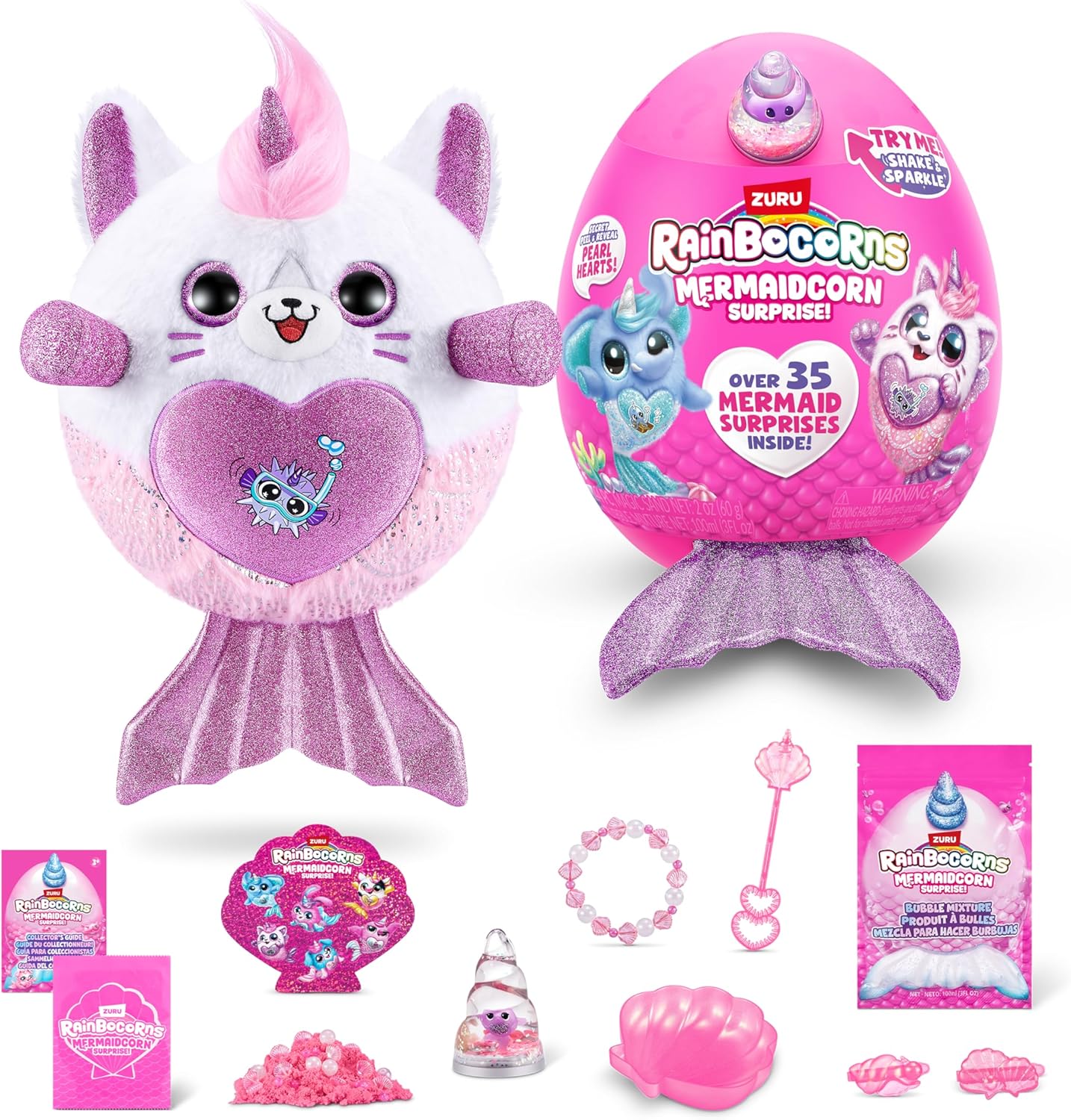 Rainbocorns Mermaidcorn (Kitten) by ZURU, Collectible Plush, Mermaid Surprises, Cuddle Plush Stuffed Animal, Surprise Egg, Stickers, Magic Sands & Bubble Mixture, for Girls 3+ Up