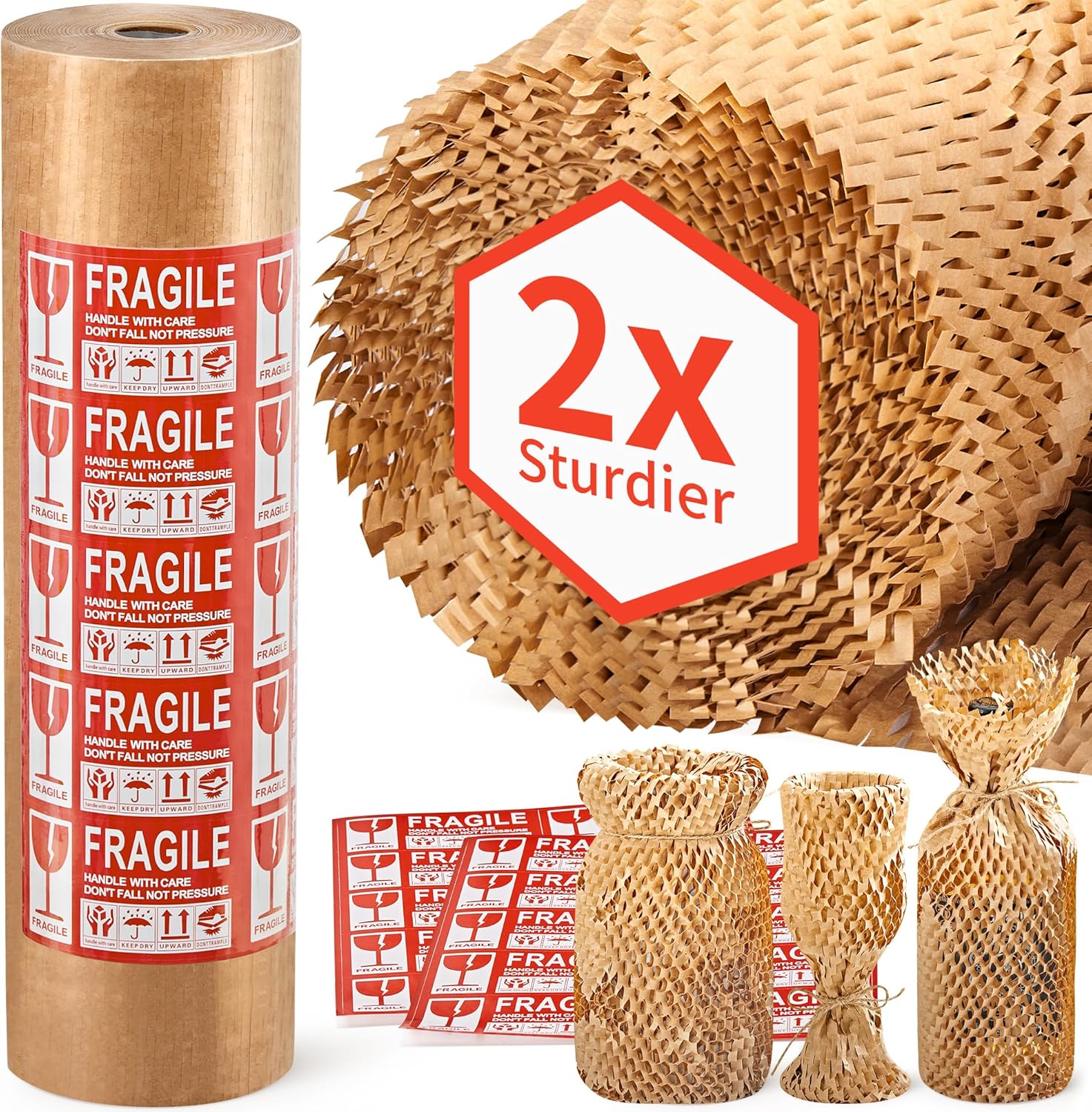 JARLINK Honeycomb Packing Paper, 15"x 213' Bubble Packing Wrap for Packing/Shipping/Moving, Eco-Friendly Bubble Packing Paper Wrapping Roll, Recyclable Moving Supplies With 20 Fragile Sticker Labels