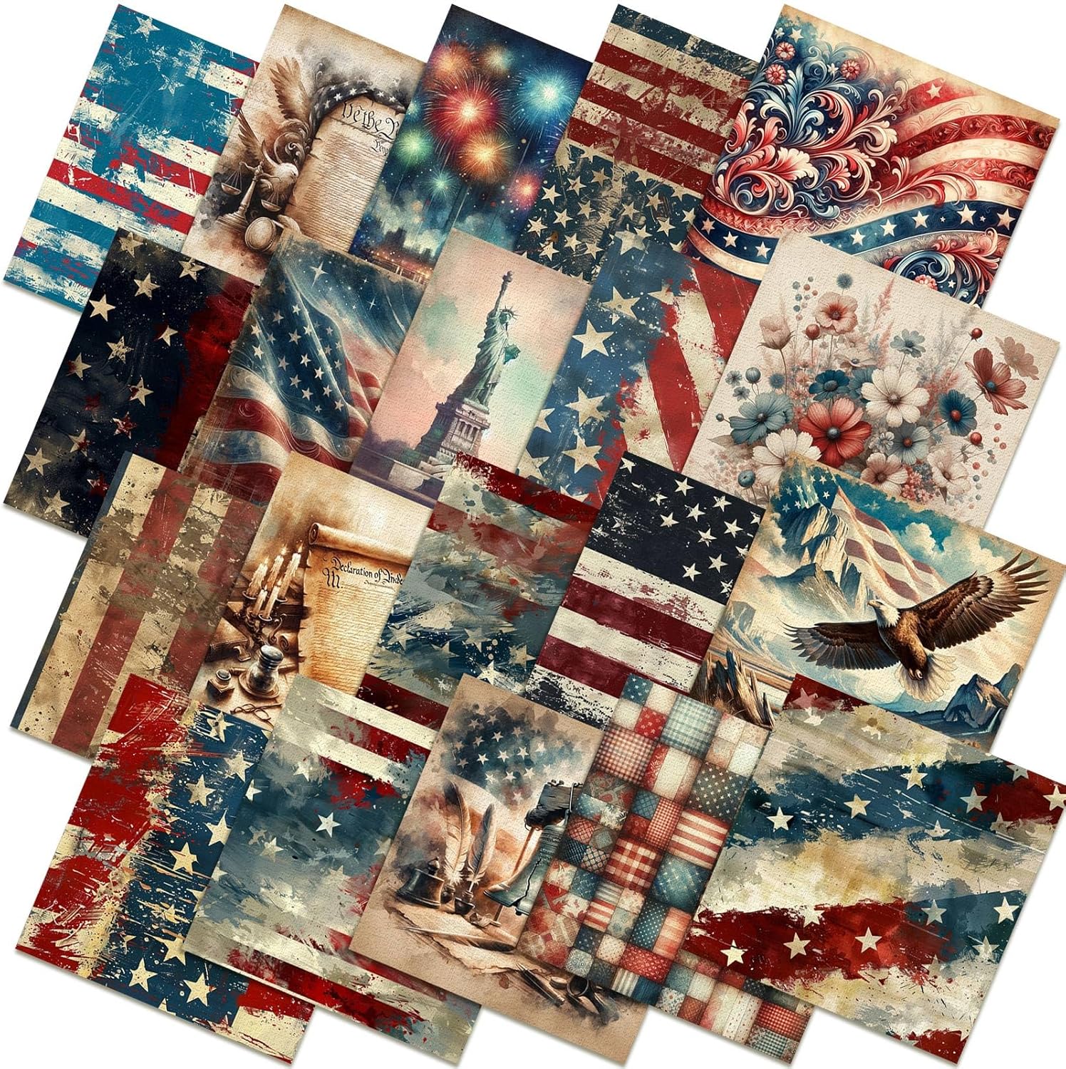 80 Pcs 10''x10'' Patriotic Quilting Fabric Squares Red Blue White Fabric Bundles Vintag 4th of July Quilted Material USA Flag Star Printed Patchwork for Memorial Day DIY Sewing Crafts
